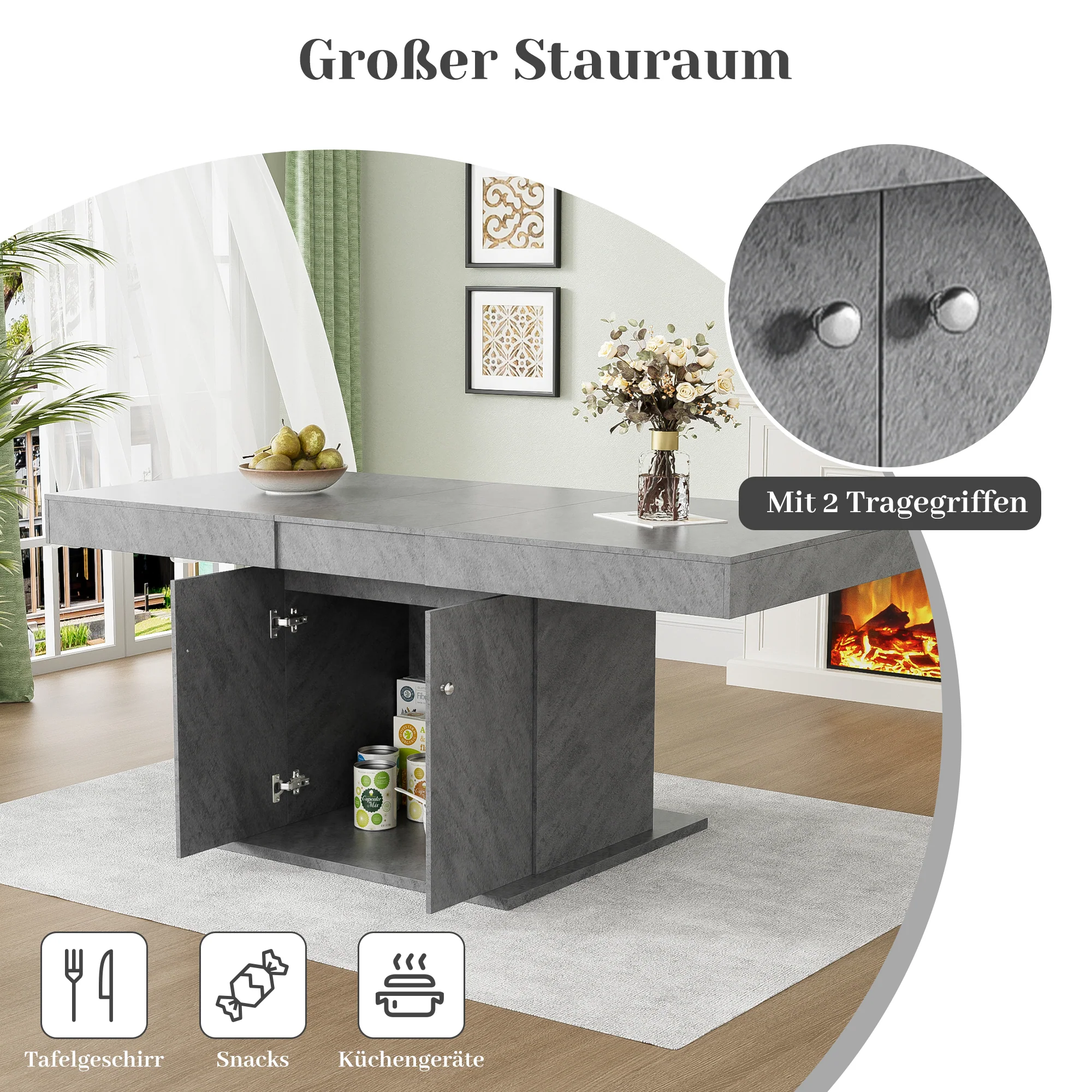 Extendable Dining Table Automatic Telescopic Storage 140/180x80cm - Concrete Look - Image 7