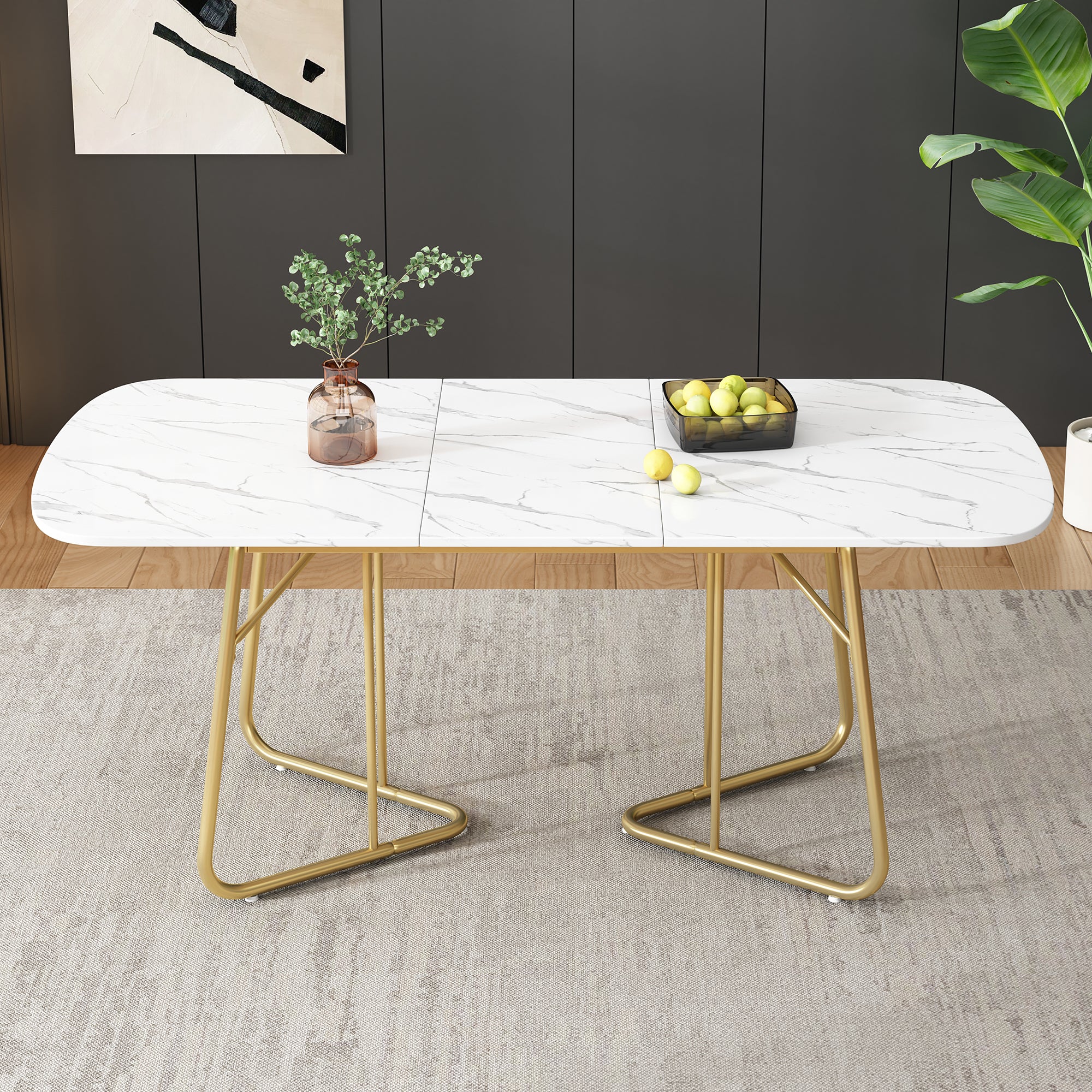 Extendable Dining Table Marble Top 140/180x80cm Gold Metal Legs - White - Image 2