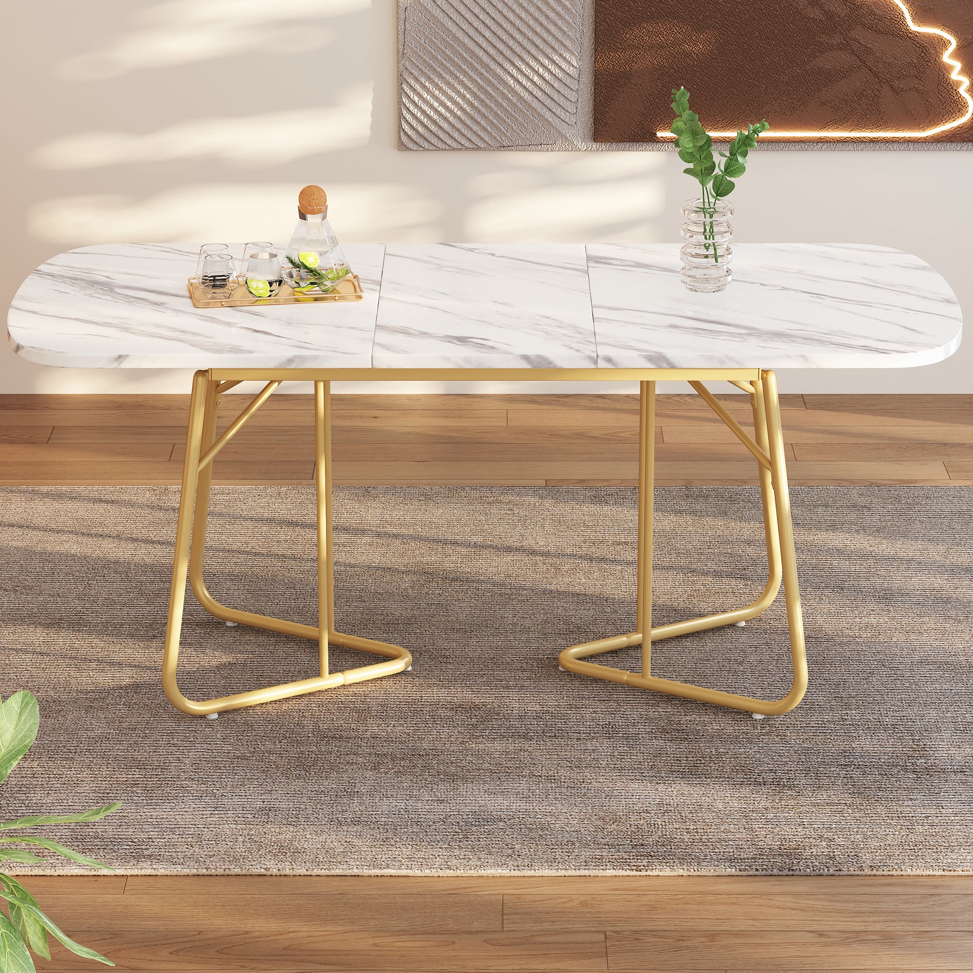 Extendable Dining Table Marble Top 140/180x80cm Gold Metal Legs - White - Image 4