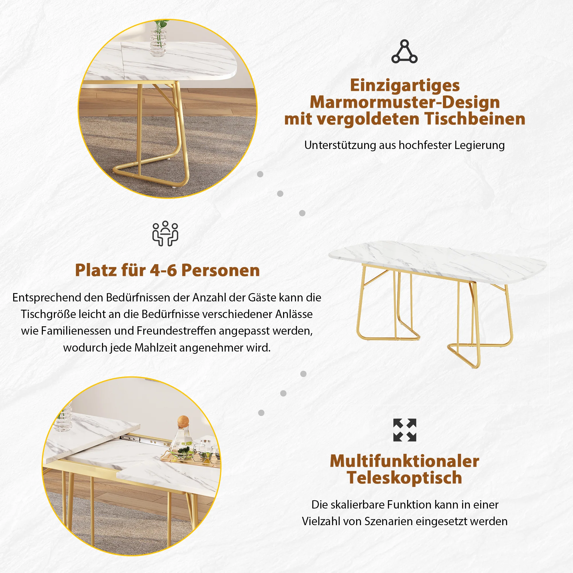 Extendable Dining Table Marble Top 140/180x80cm Gold Metal Legs - White - Image 5