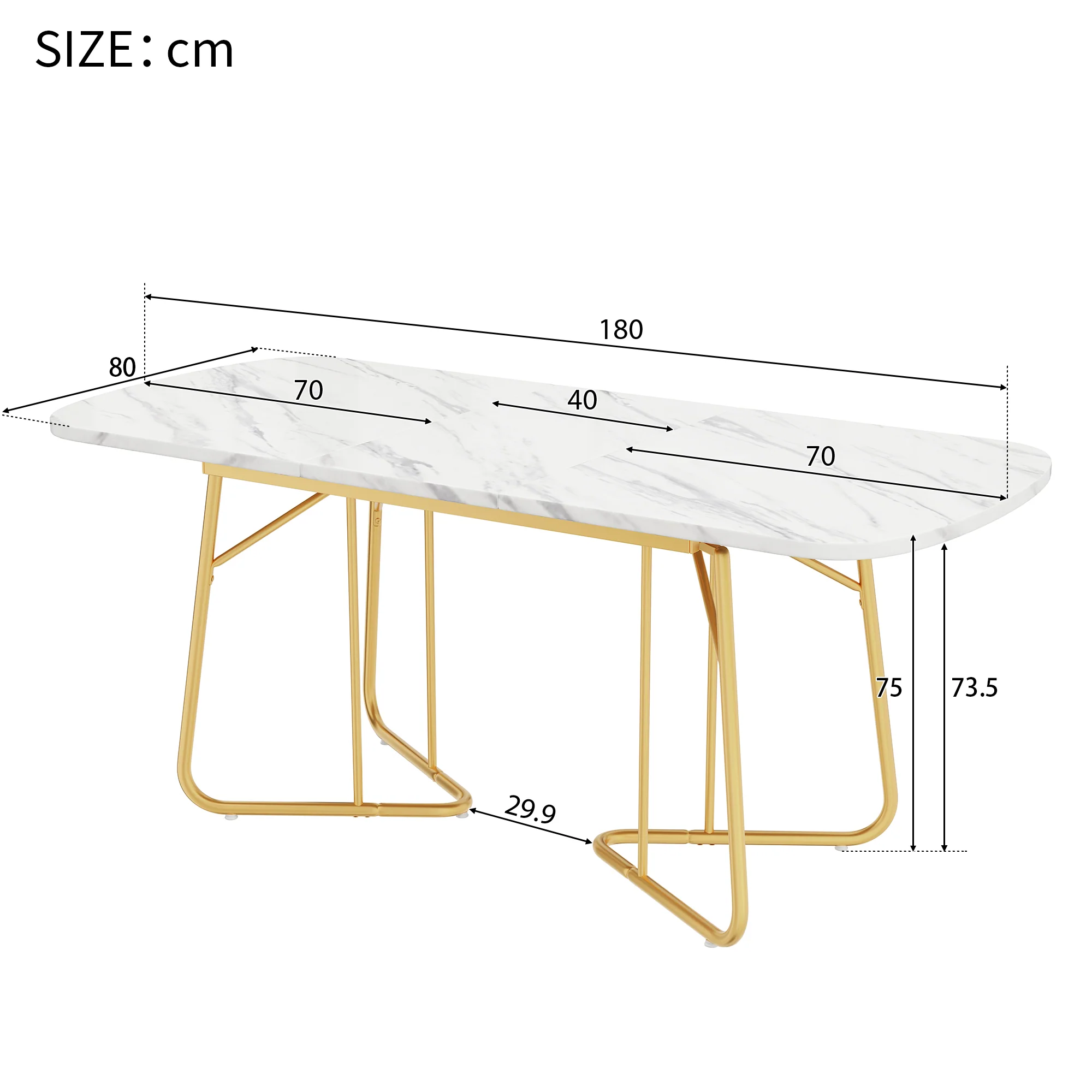 Extendable Dining Table Marble Top 140/180x80cm Gold Metal Legs - White - Image 6