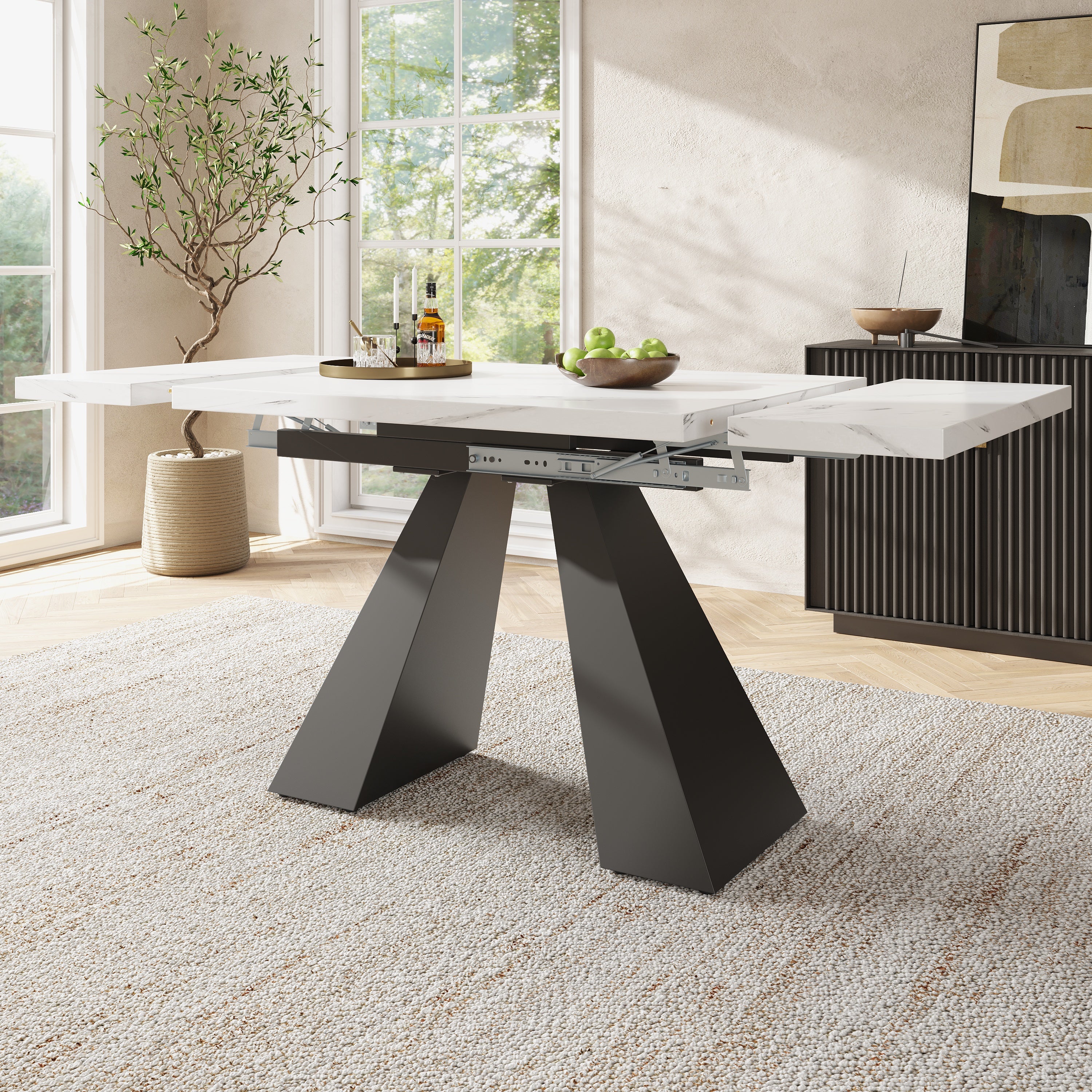 Extendable Dining Table Telescopic 99-159cm Space-Saving Pedestal Legs - White