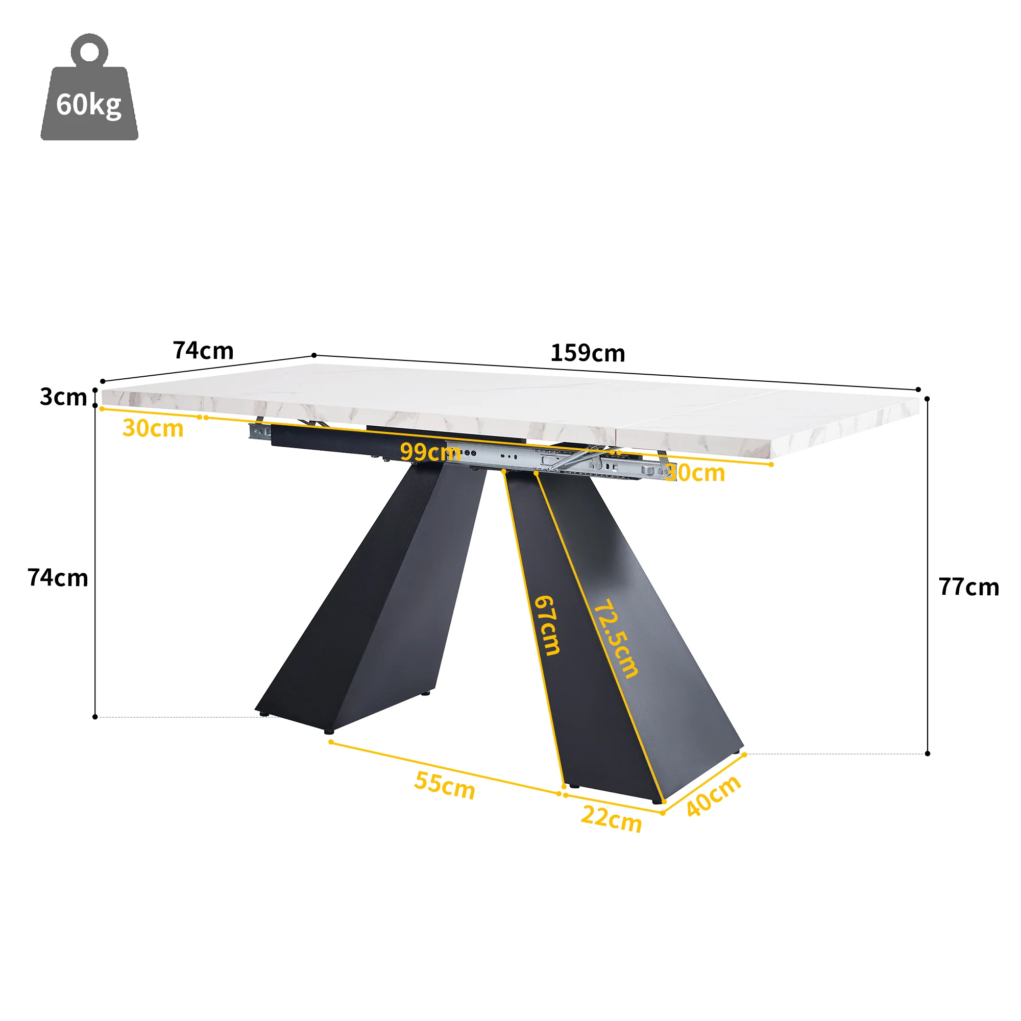 Extendable Dining Table Telescopic 99-159cm Space-Saving Pedestal Legs - White - Image 3