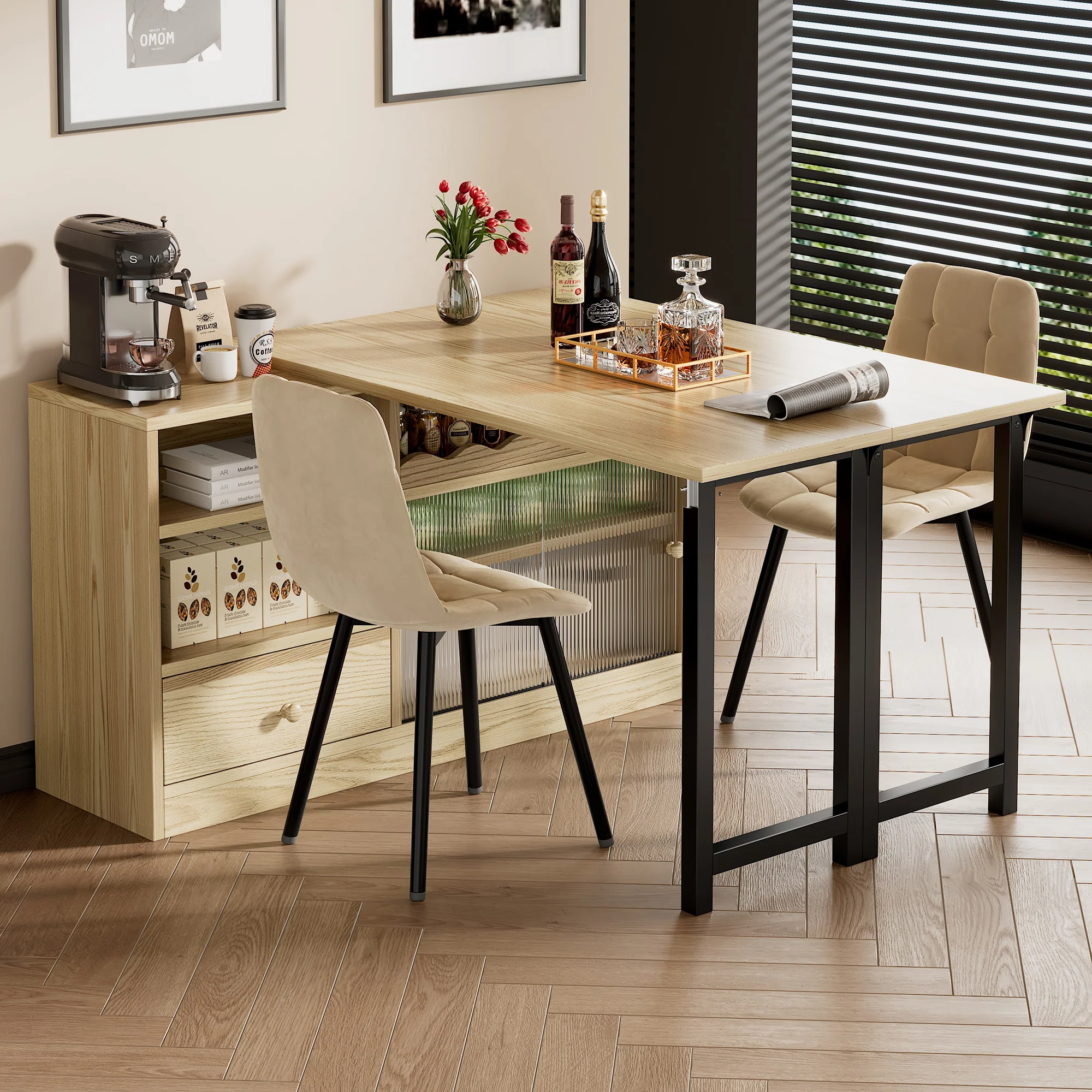 Extendable Folding Dining Table with Storage & 360° Rotation - Natural/Black