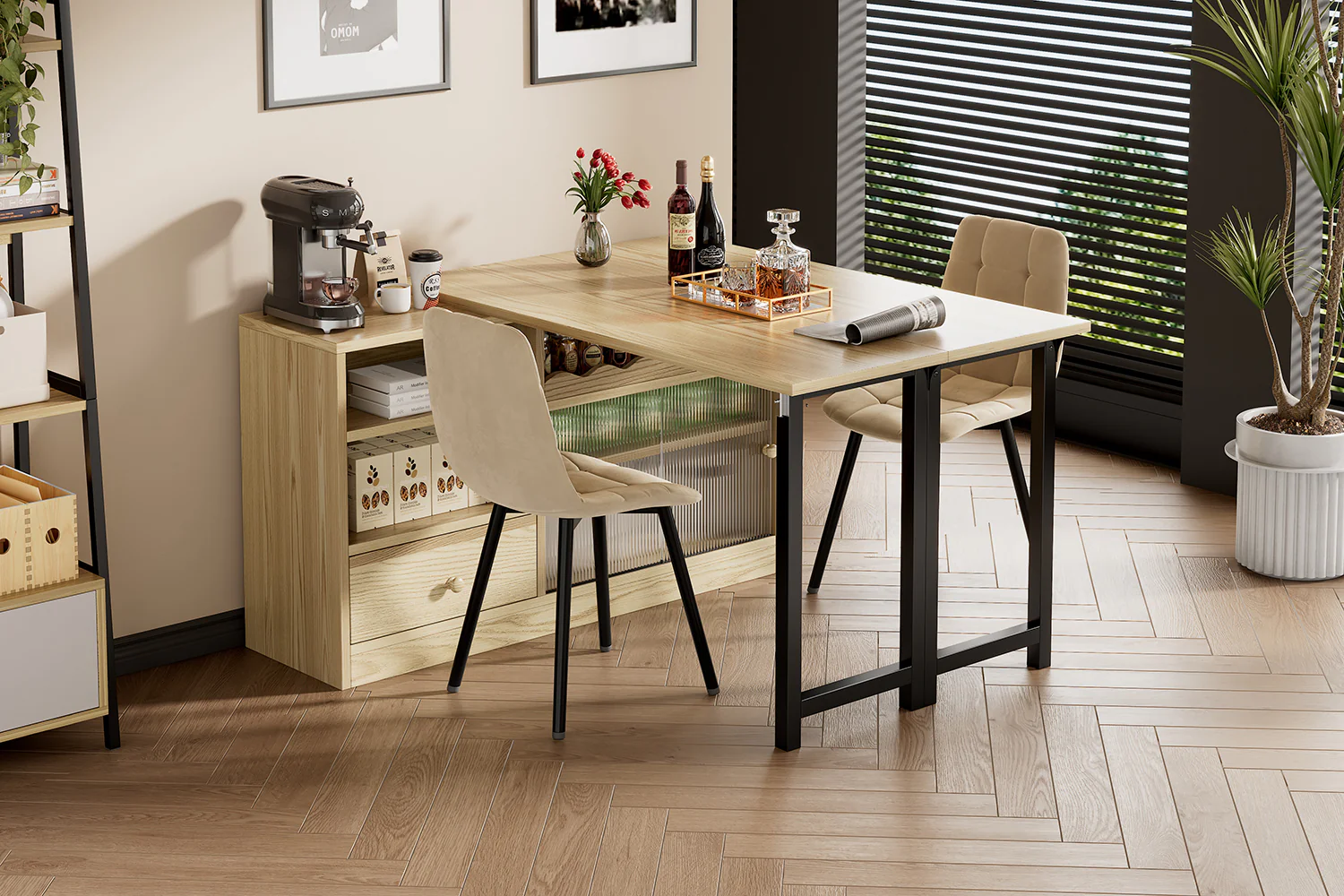 Extendable Folding Dining Table with Storage & 360° Rotation - Natural/Black - Image 3