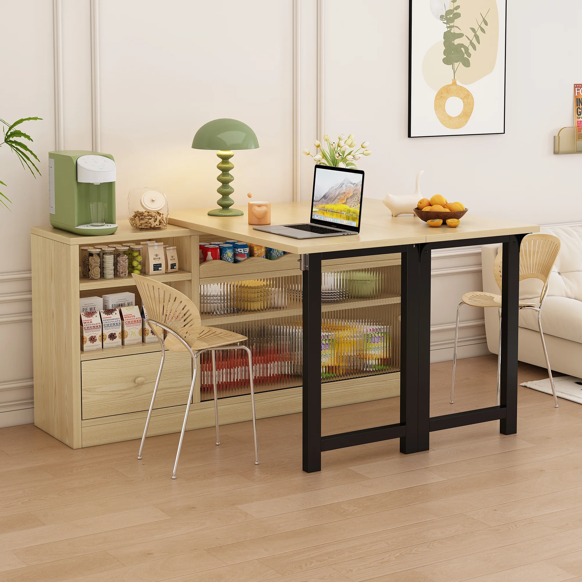 Extendable Folding Dining Table with Storage & 360° Rotation - Natural/Black - Image 5