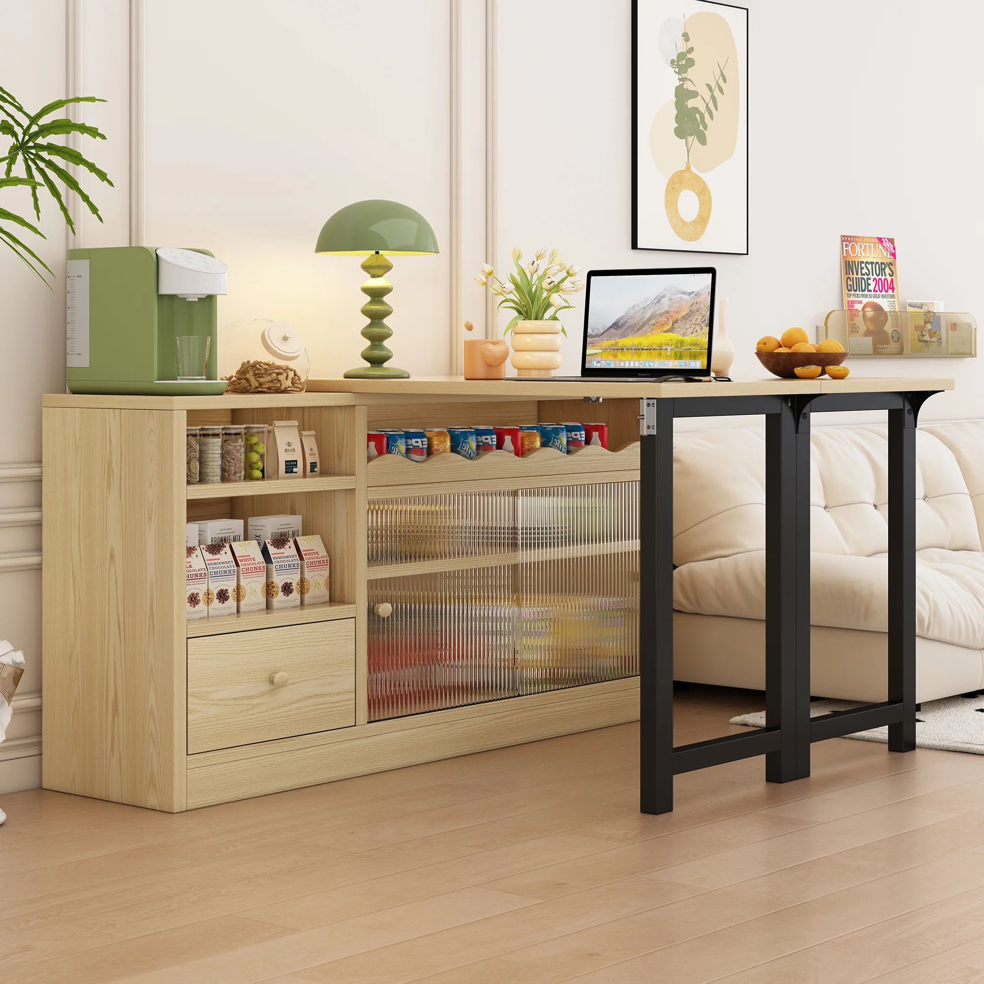 Extendable Folding Dining Table with Storage & 360° Rotation - Natural/Black - Image 6