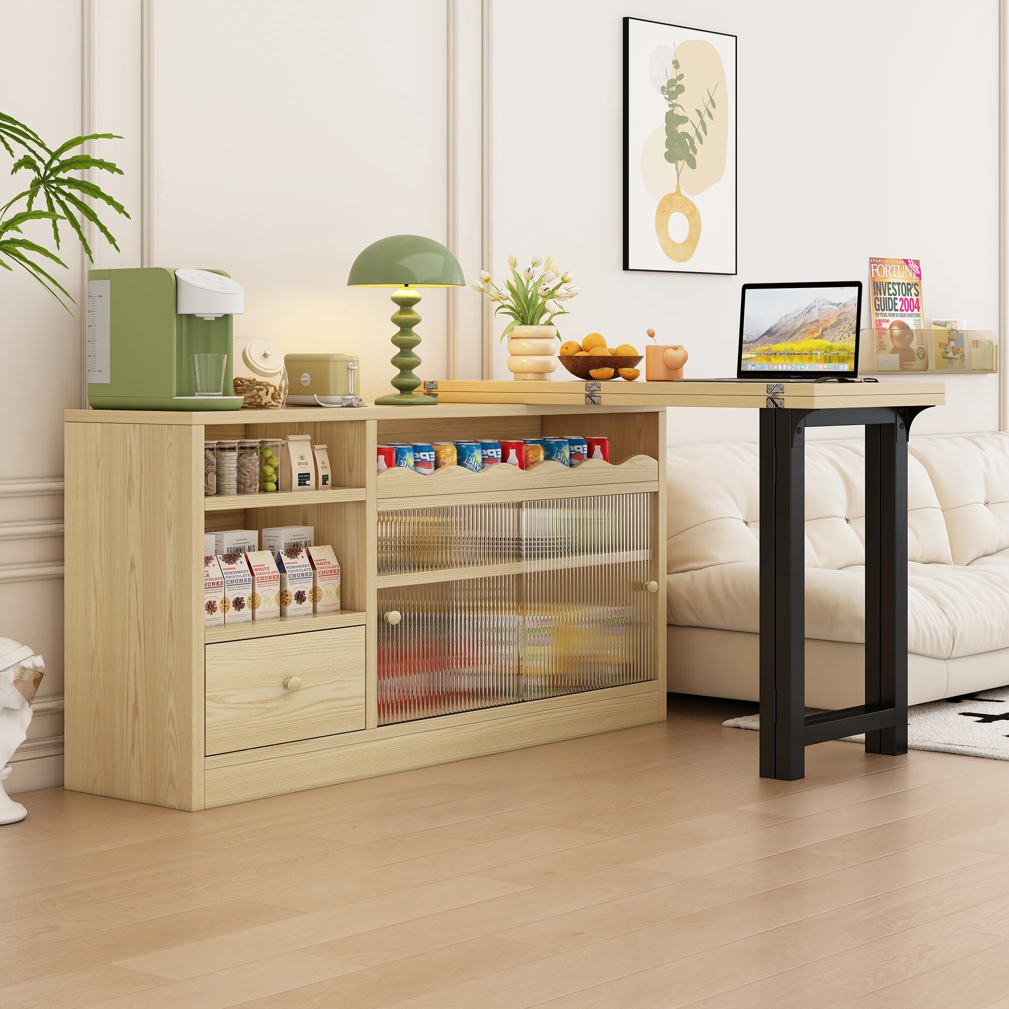 Extendable Folding Dining Table with Storage & 360° Rotation - Natural/Black - Image 8