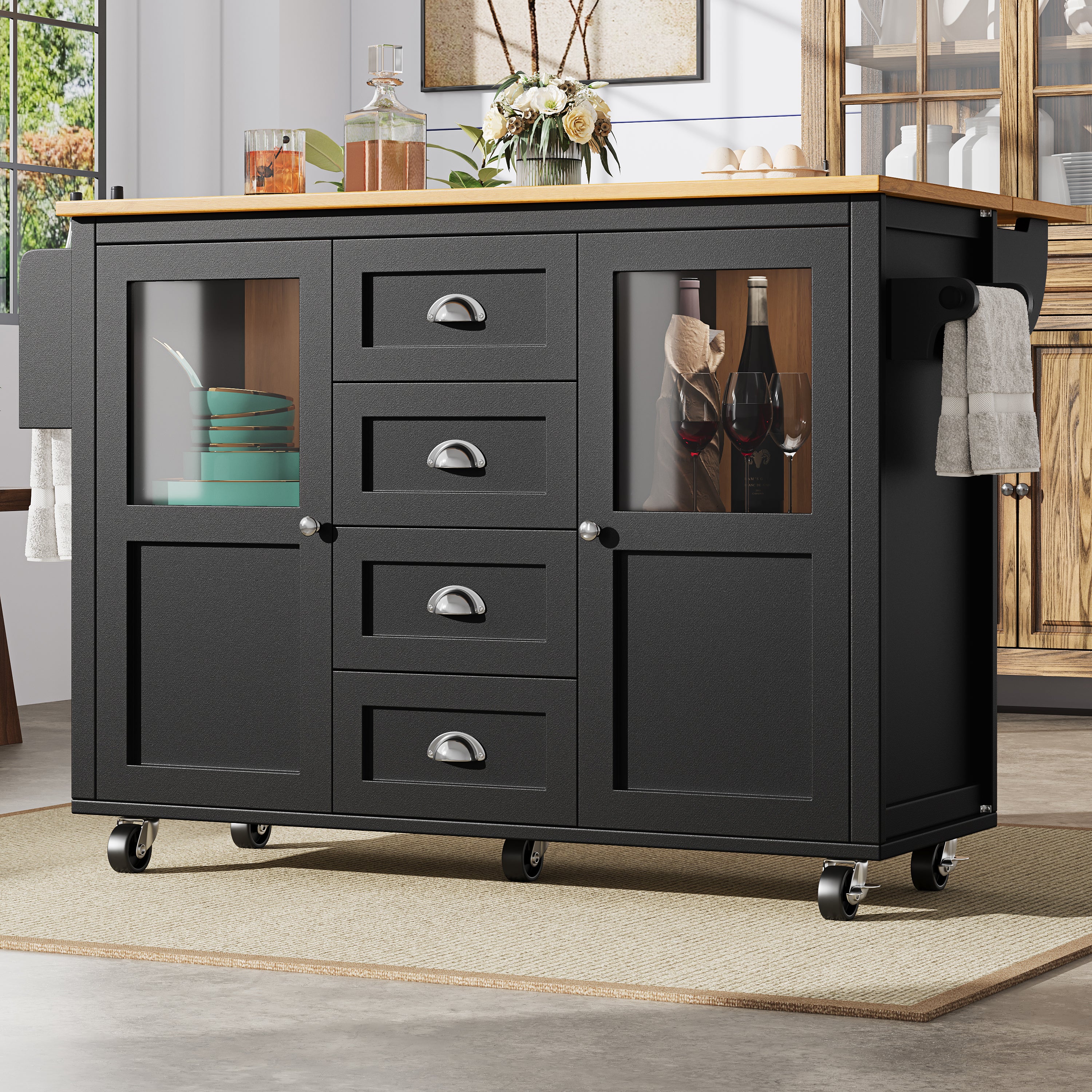 Extendable Kitchen Island Mobile Storage Drawers Spice Rack - White/Black - Image 2