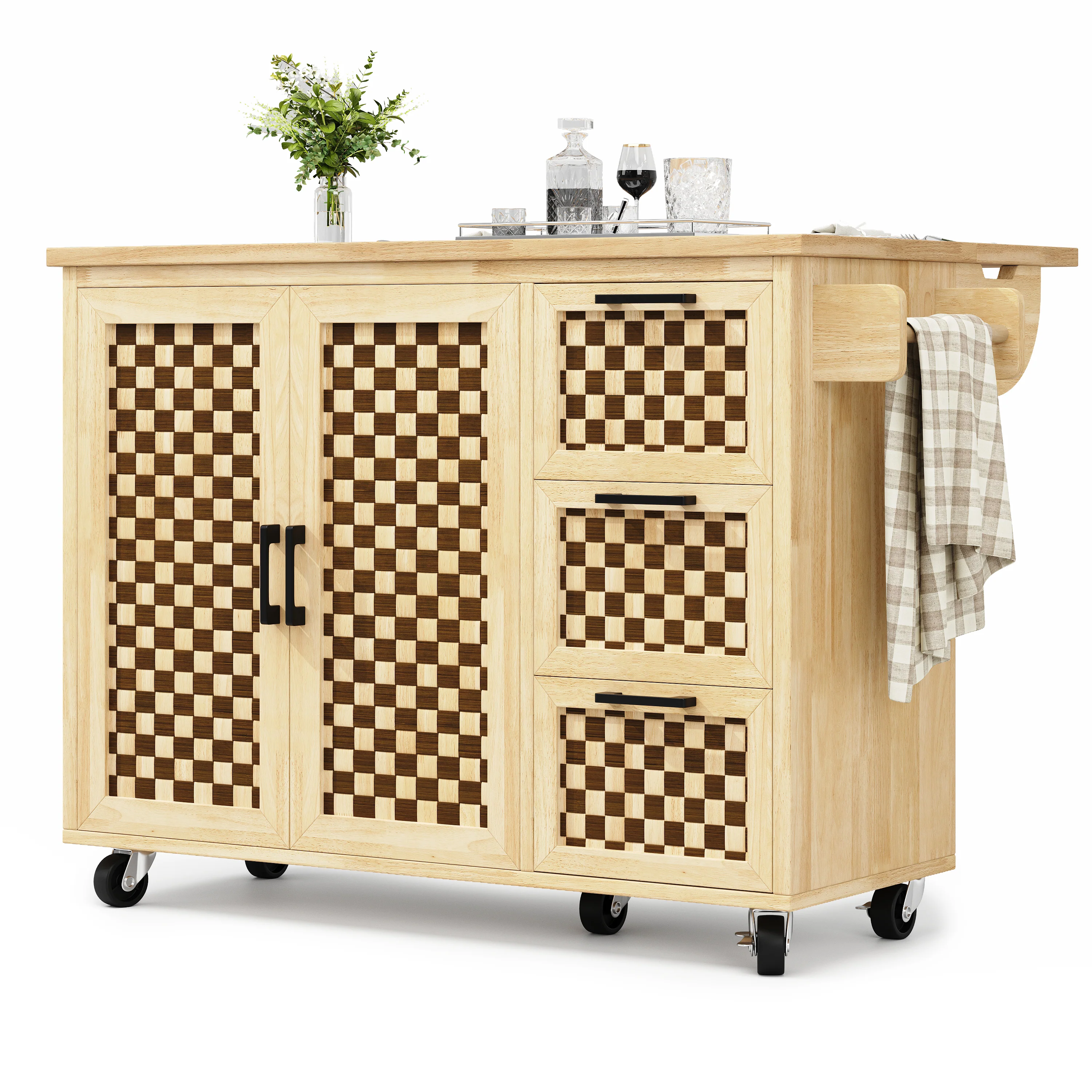 Extendable Kitchen Island Trolley 120cm 3 Drawers 2 Doors - Checkerboard Wood Grain - Image 10
