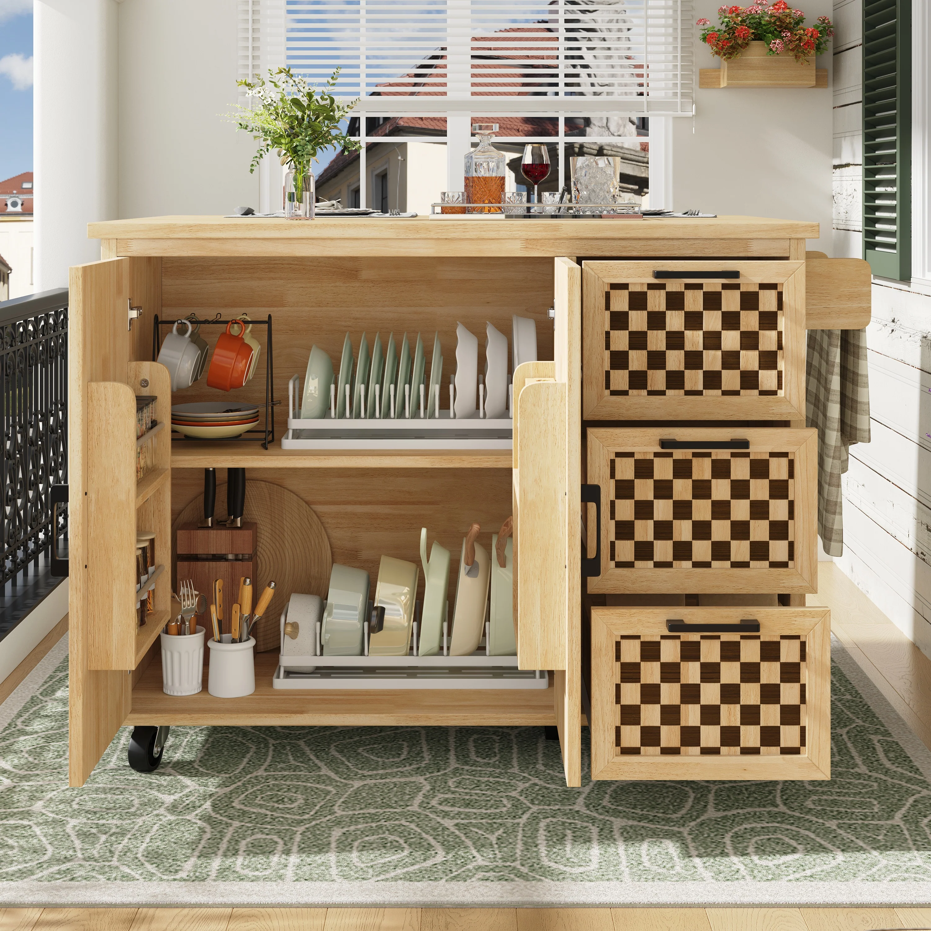 Extendable Kitchen Island Trolley 120cm 3 Drawers 2 Doors - Checkerboard Wood Grain - Image 2