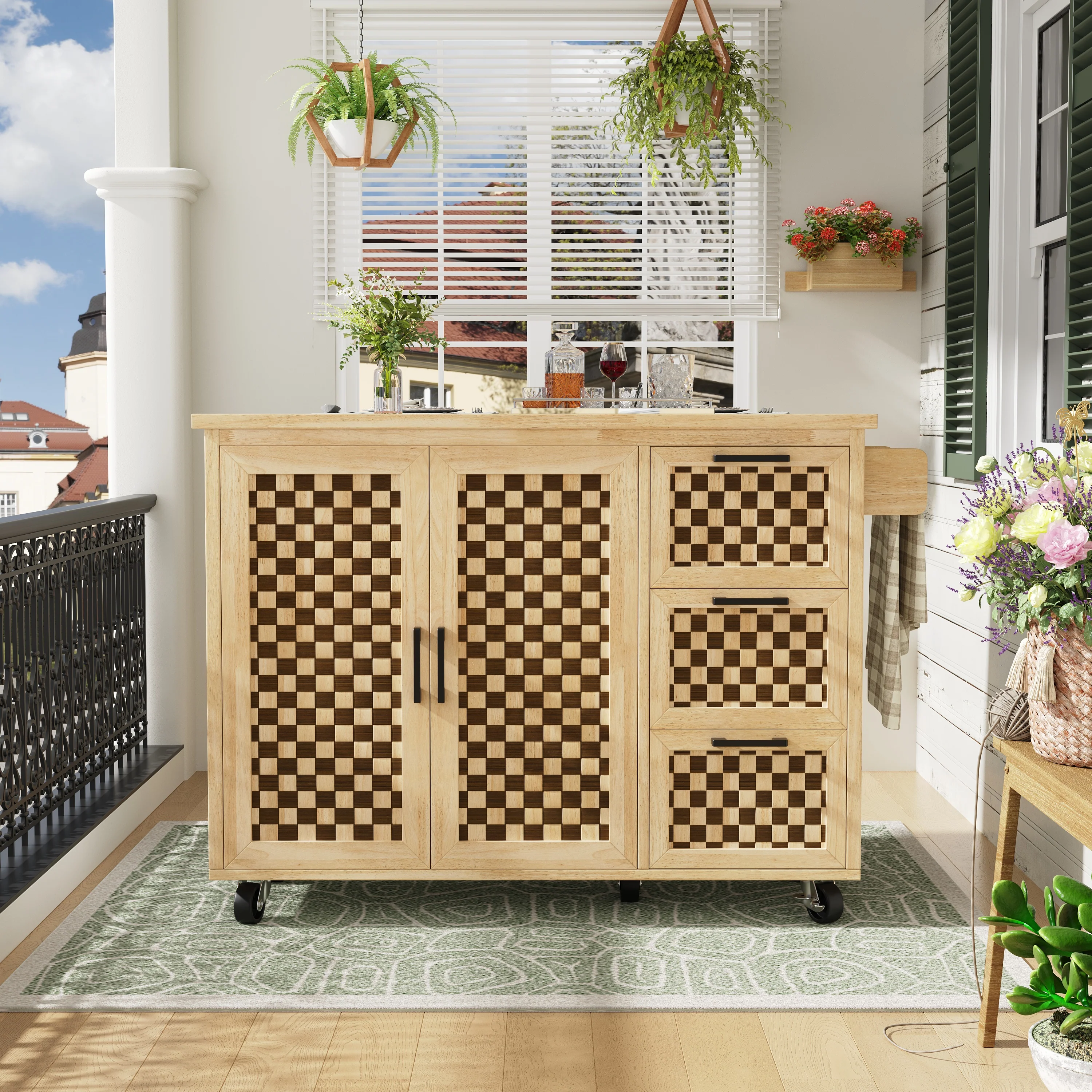 Extendable Kitchen Island Trolley 120cm 3 Drawers 2 Doors - Checkerboard Wood Grain - Image 3