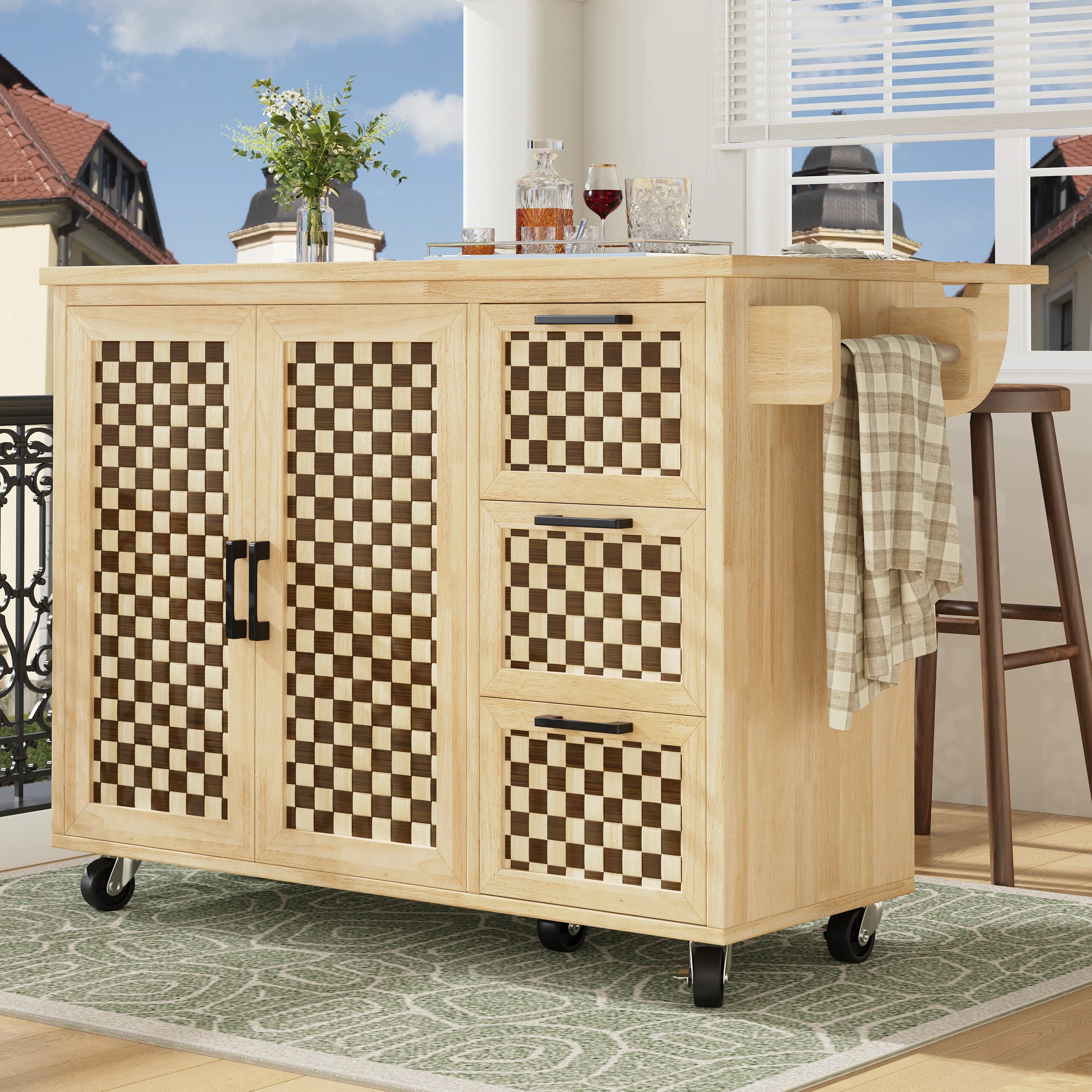 Extendable Kitchen Island Trolley 120cm 3 Drawers 2 Doors - Checkerboard Wood Grain - Image 4