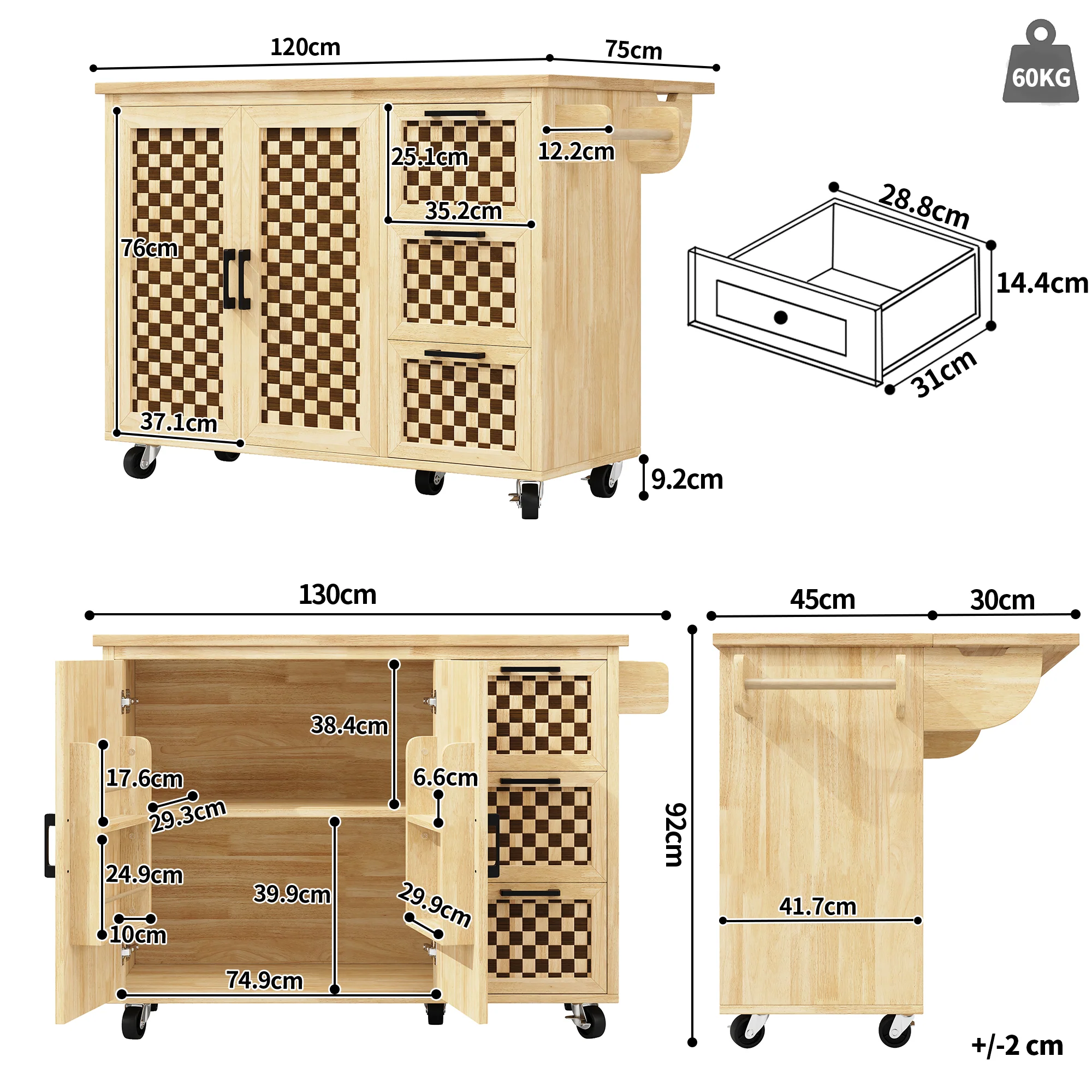 Extendable Kitchen Island Trolley 120cm 3 Drawers 2 Doors - Checkerboard Wood Grain - Image 5