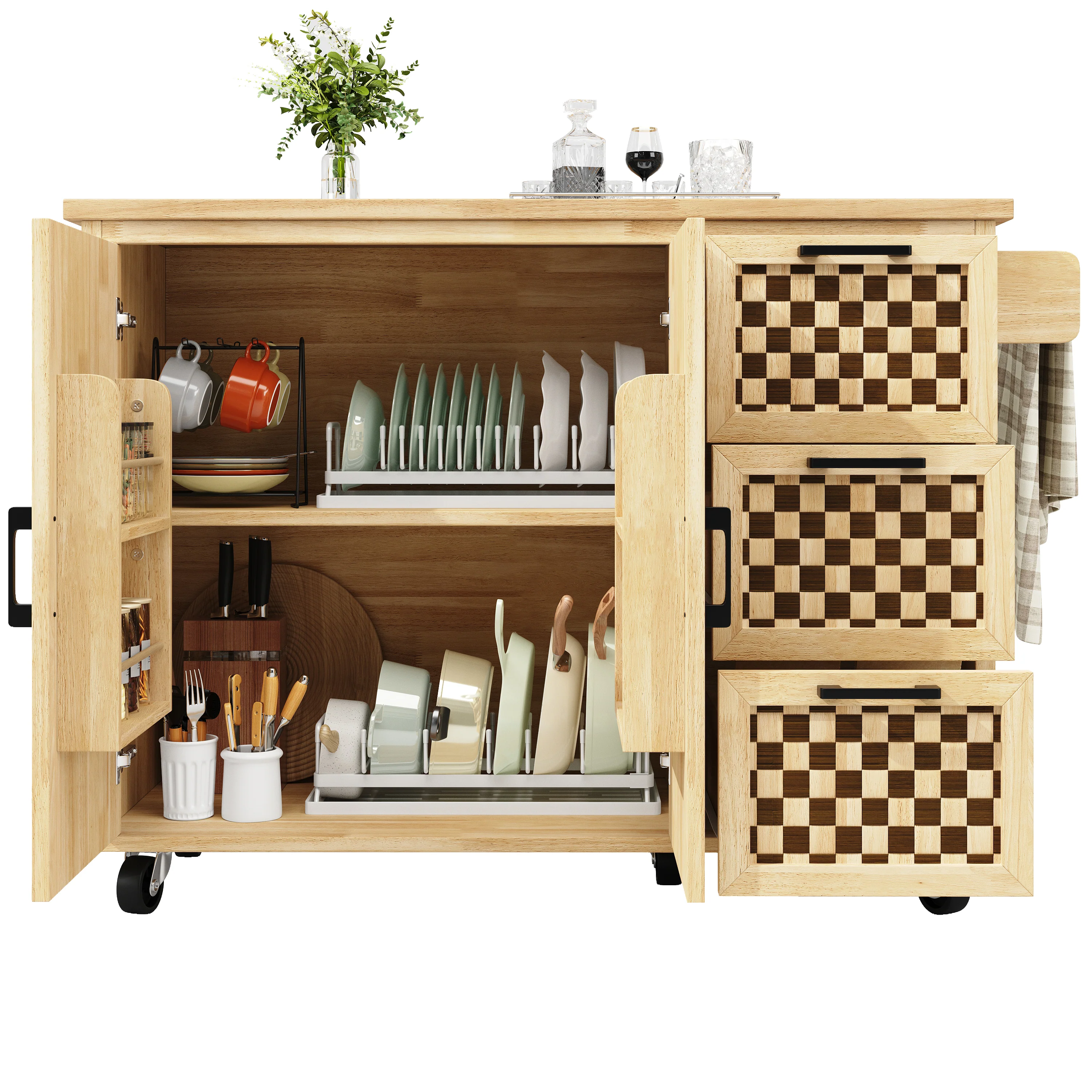 Extendable Kitchen Island Trolley 120cm 3 Drawers 2 Doors - Checkerboard Wood Grain - Image 6
