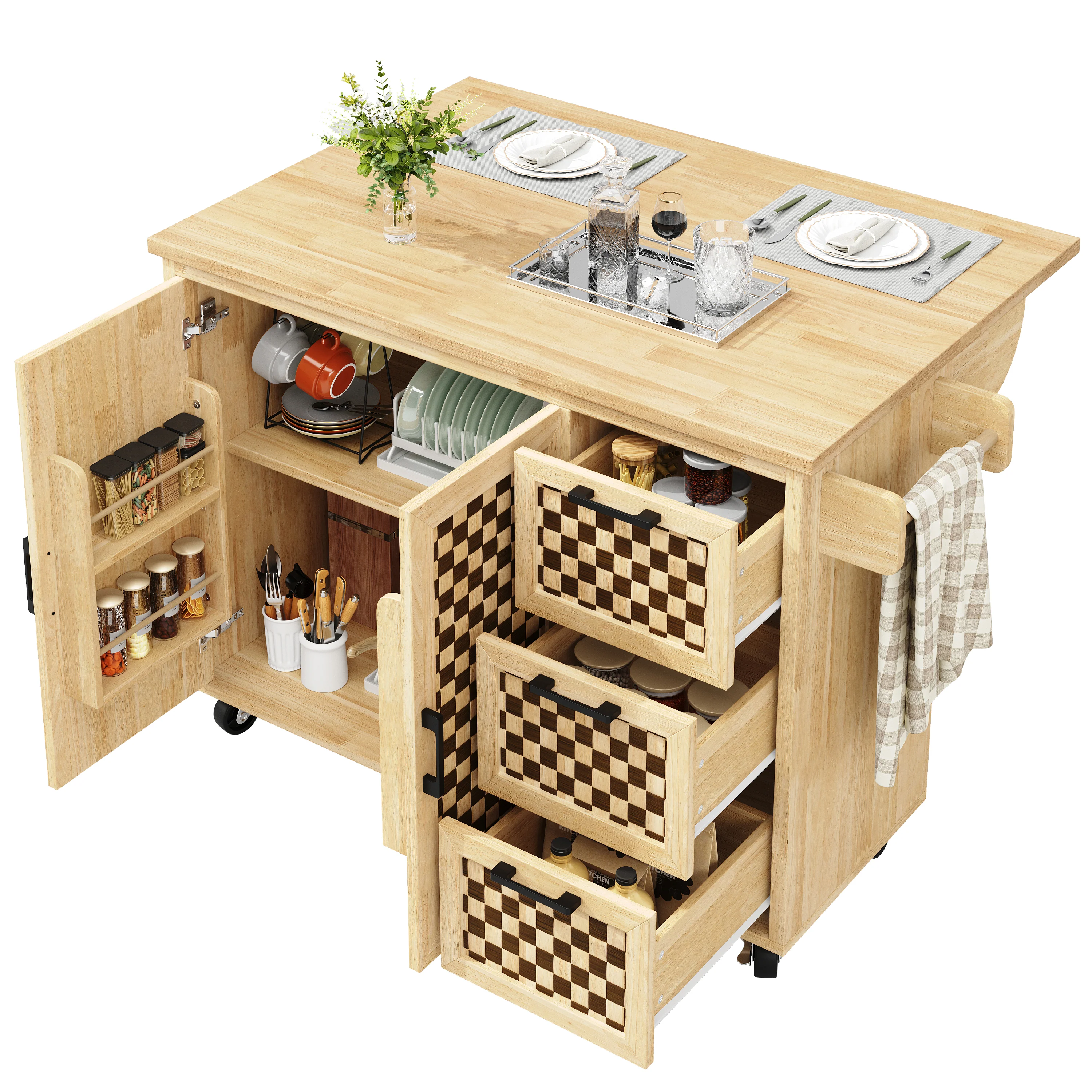 Extendable Kitchen Island Trolley 120cm 3 Drawers 2 Doors - Checkerboard Wood Grain - Image 7