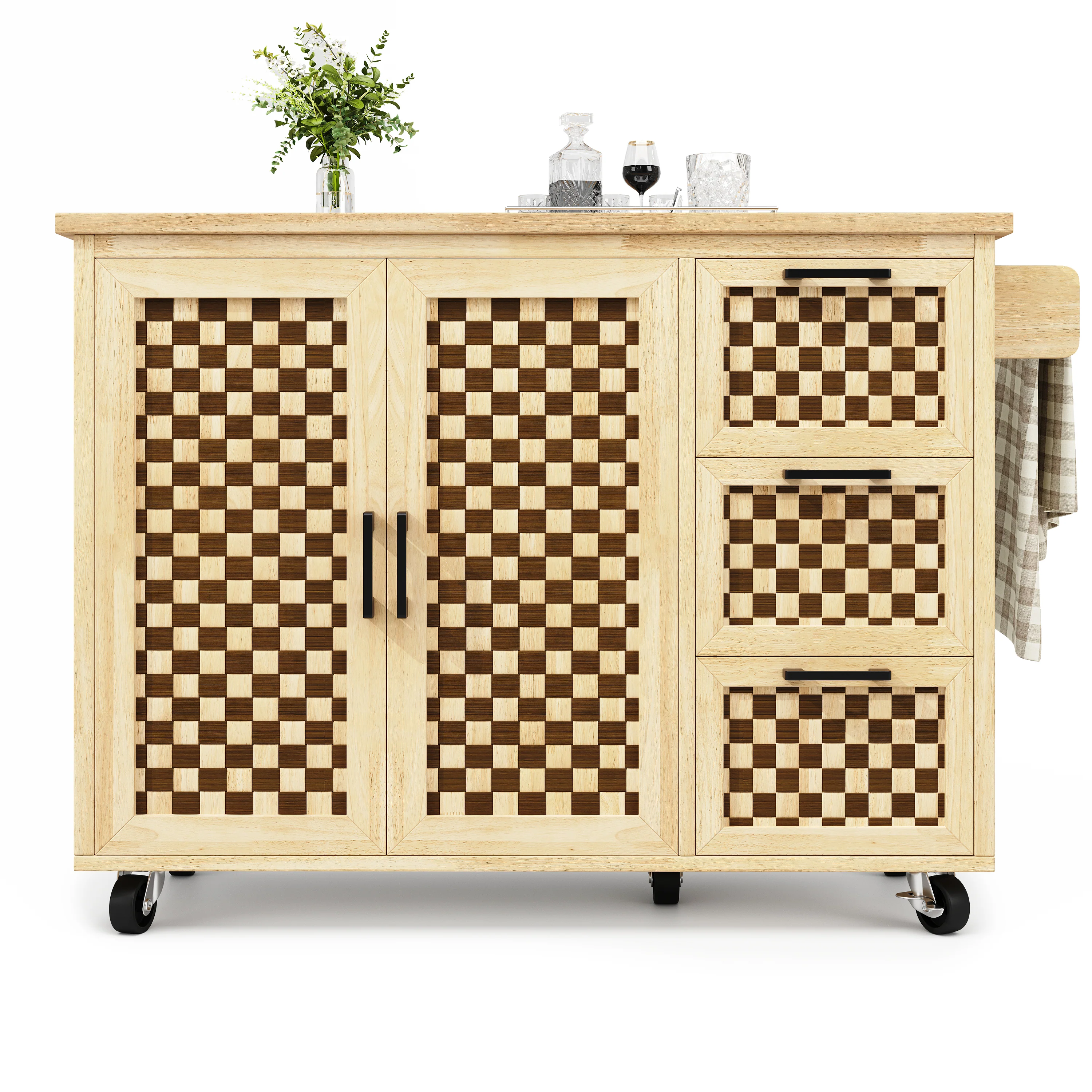 Extendable Kitchen Island Trolley 120cm 3 Drawers 2 Doors - Checkerboard Wood Grain - Image 9