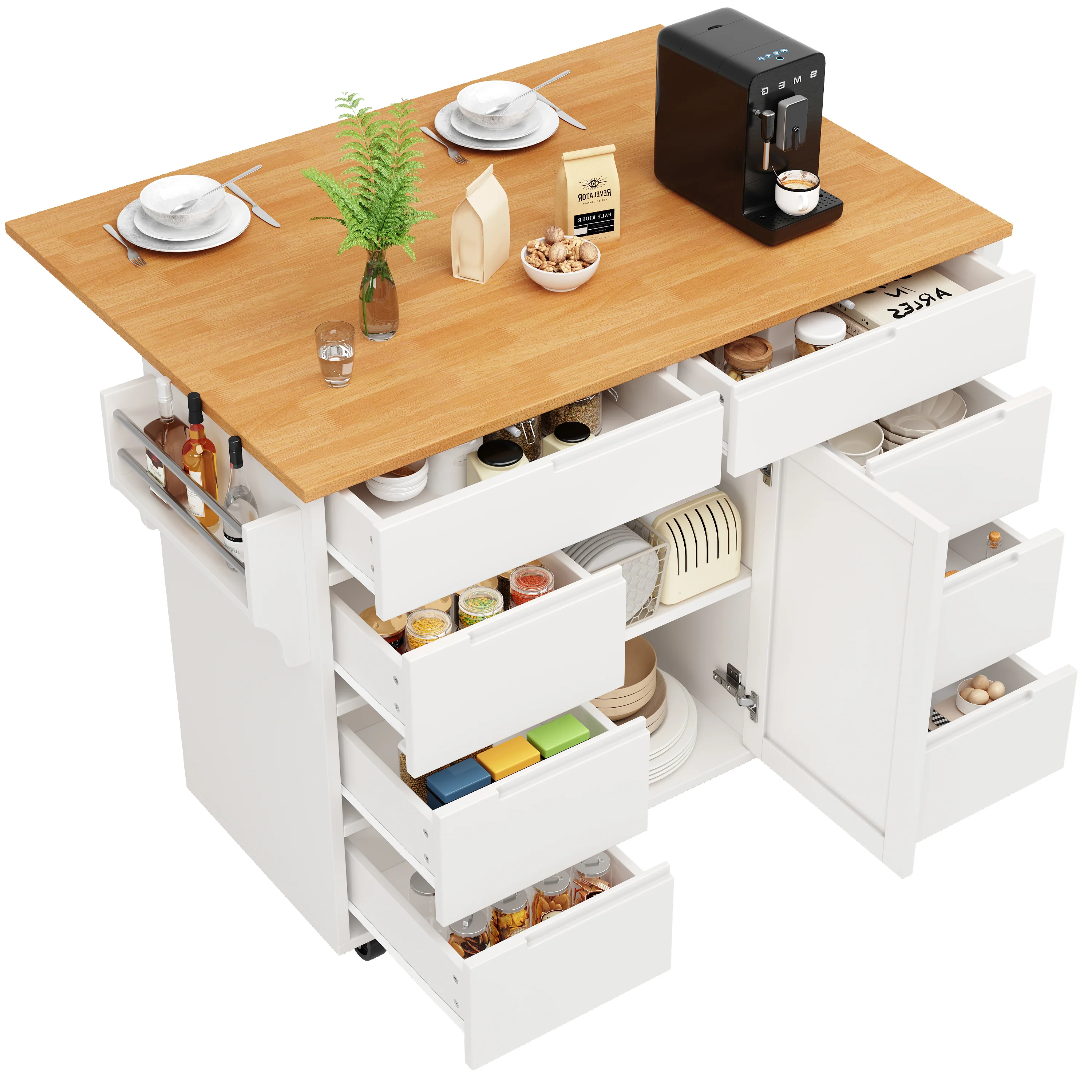 Extendable Kitchen Island Trolley 8 Drawers Worktop Wheels - White - Image 10