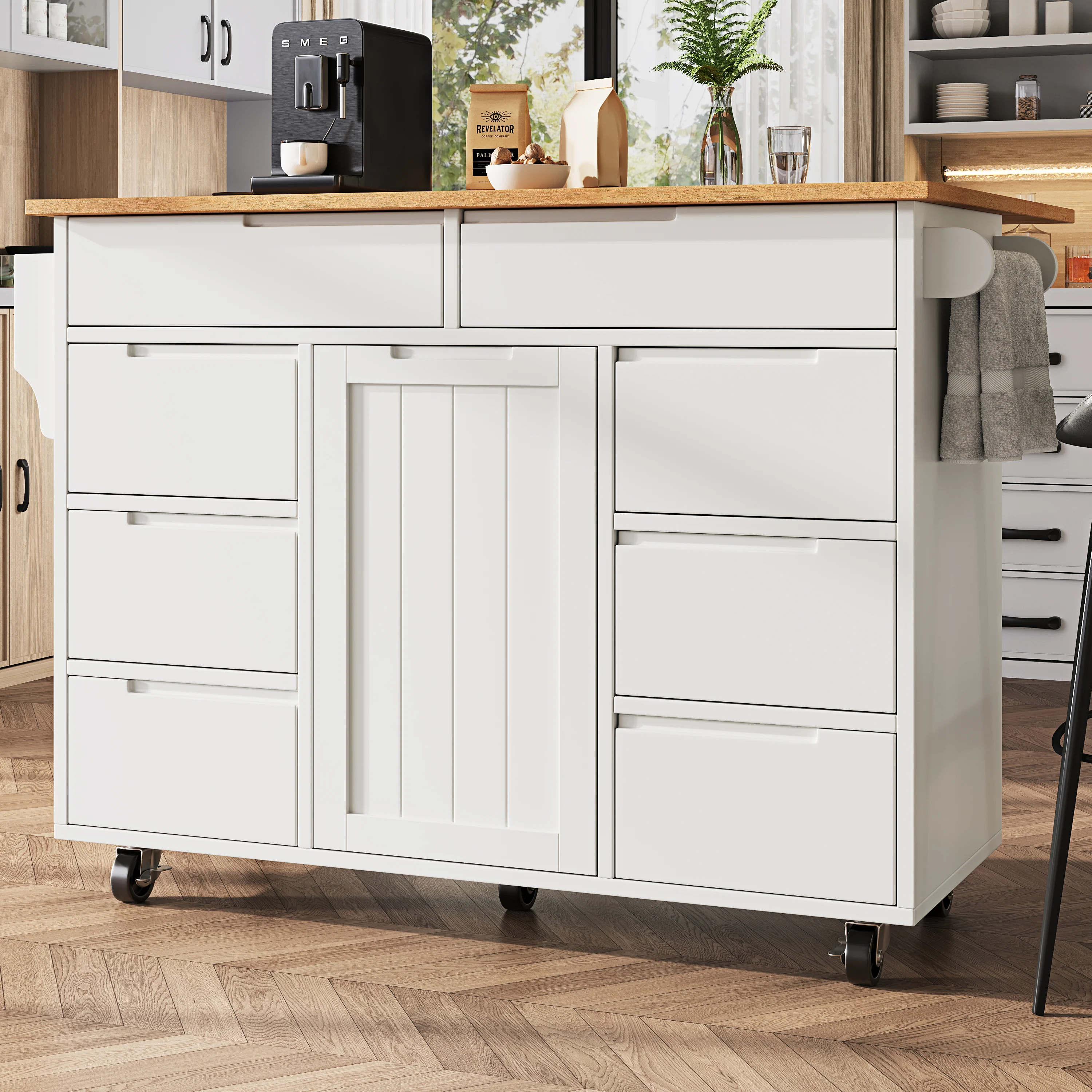 Extendable Kitchen Island Trolley 8 Drawers Worktop Wheels - White - Image 4