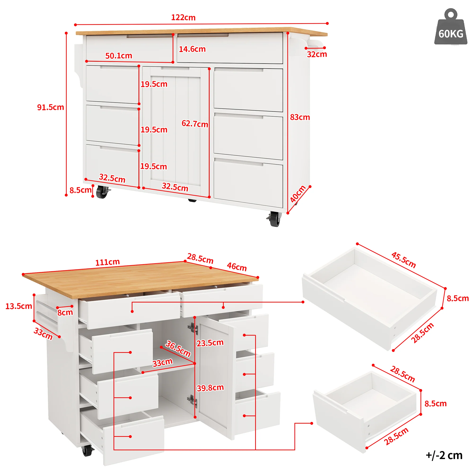 Extendable Kitchen Island Trolley 8 Drawers Worktop Wheels - White - Image 5