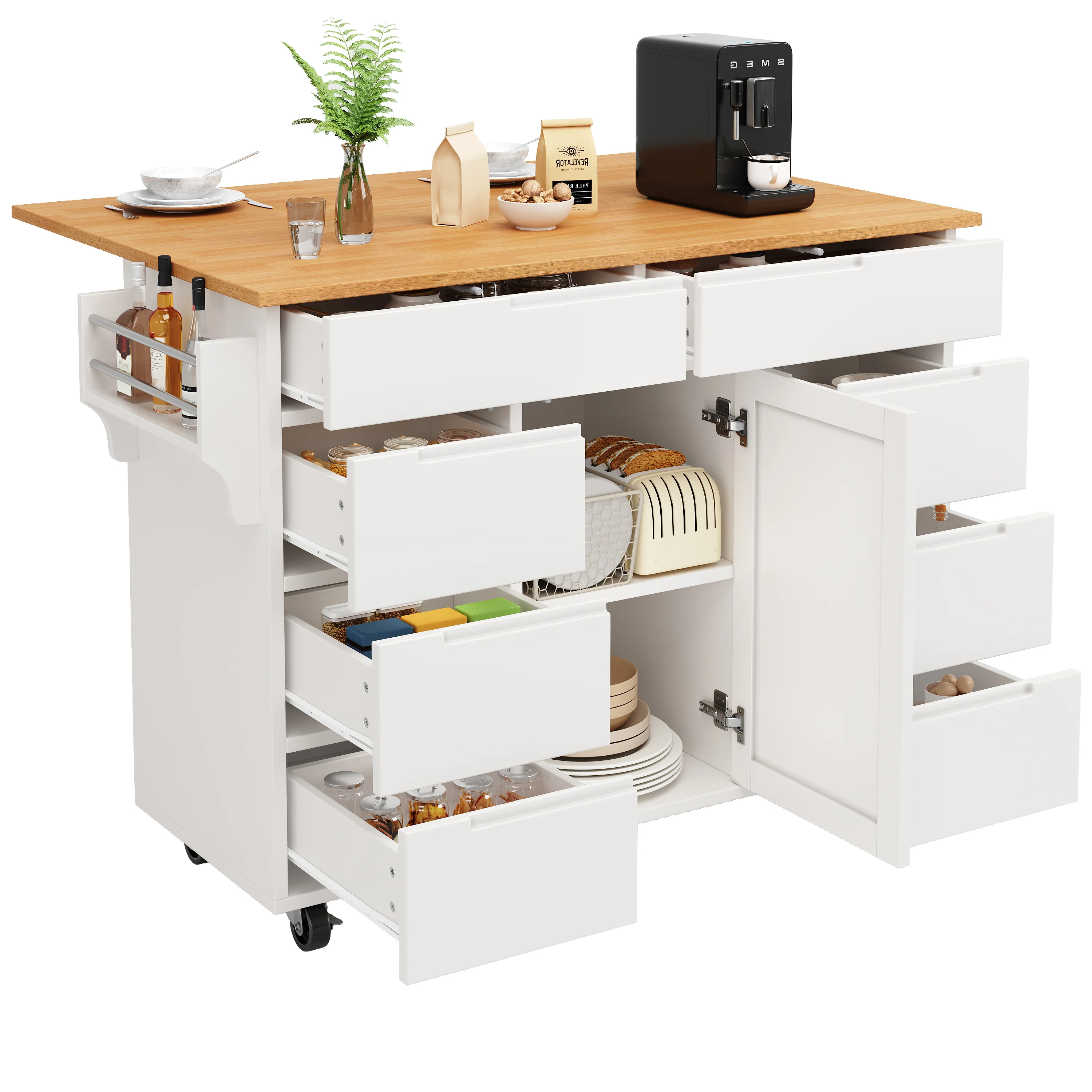 Extendable Kitchen Island Trolley 8 Drawers Worktop Wheels - White - Image 9