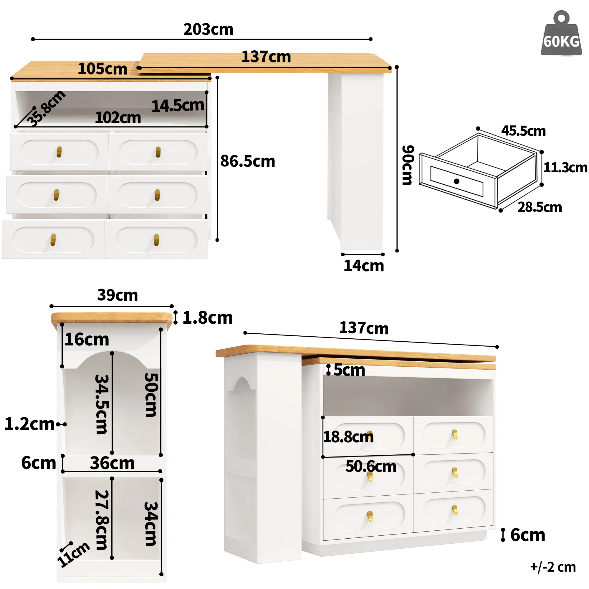 Extendable Rolling Bar Table 360° Swivel Storage Drawers - White - Image 7