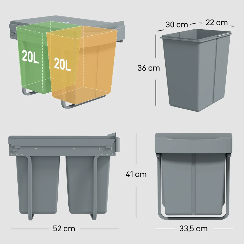Extendable Waste Bin 2x 20L Removable Containers Plastic Metal Grey - Image 3