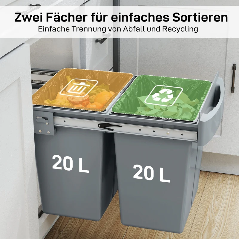 Extendable Waste Bin 2x 20L Removable Containers Plastic Metal Grey - Image 4