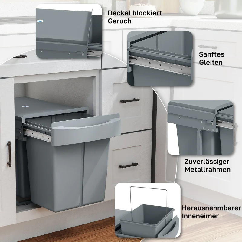 Extendable Waste Bin 2x 20L Removable Containers Plastic Metal Grey - Image 6