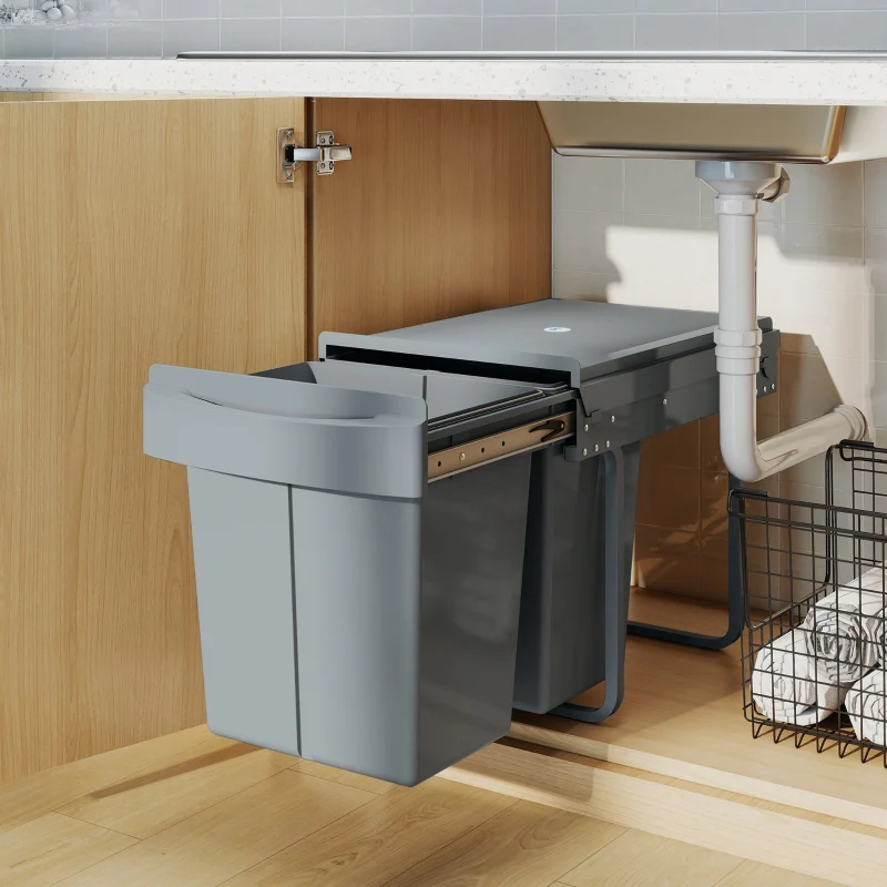 Extendable Waste Bin 2x 20L Removable Containers Plastic Metal Grey - Image 8