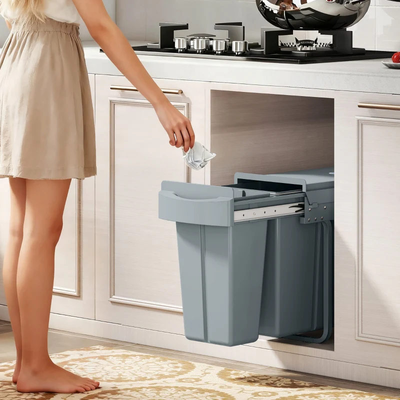 Extendable Waste Bin 30L with 2 Removable Buckets - Grey Metal - Image 2