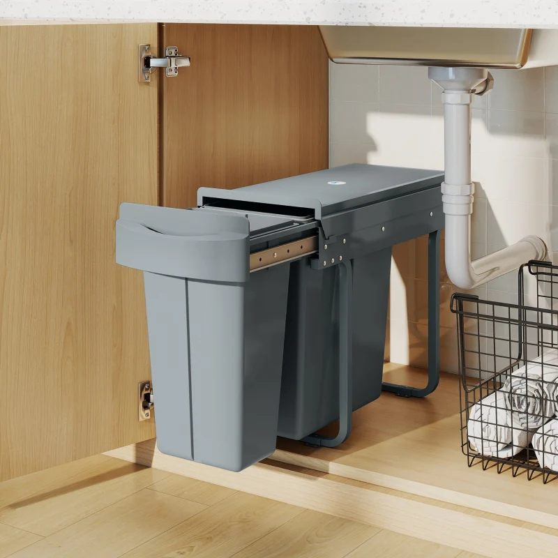 Extendable Waste Bin 30L with 2 Removable Buckets - Grey Metal - Image 8