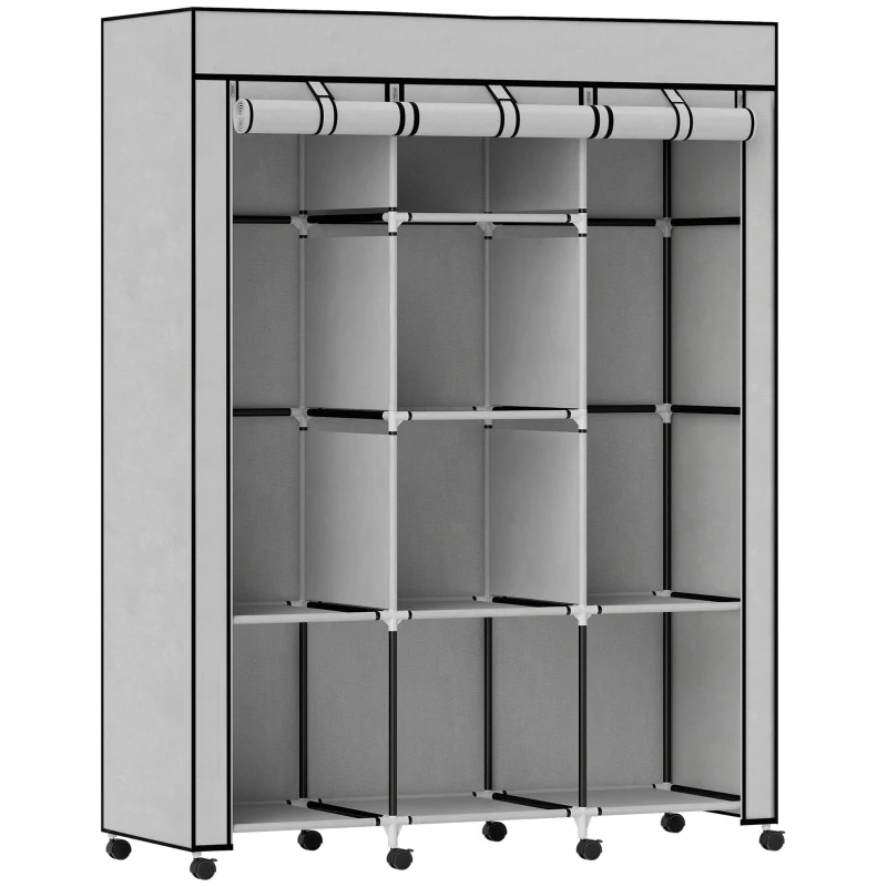 Fabric Wardrobe 8 Shelves 2 Clothes Rails - Grey