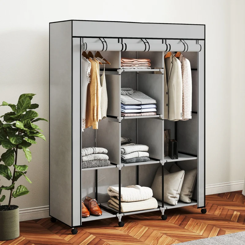 Fabric Wardrobe 8 Shelves 2 Clothes Rails - Grey - Image 2