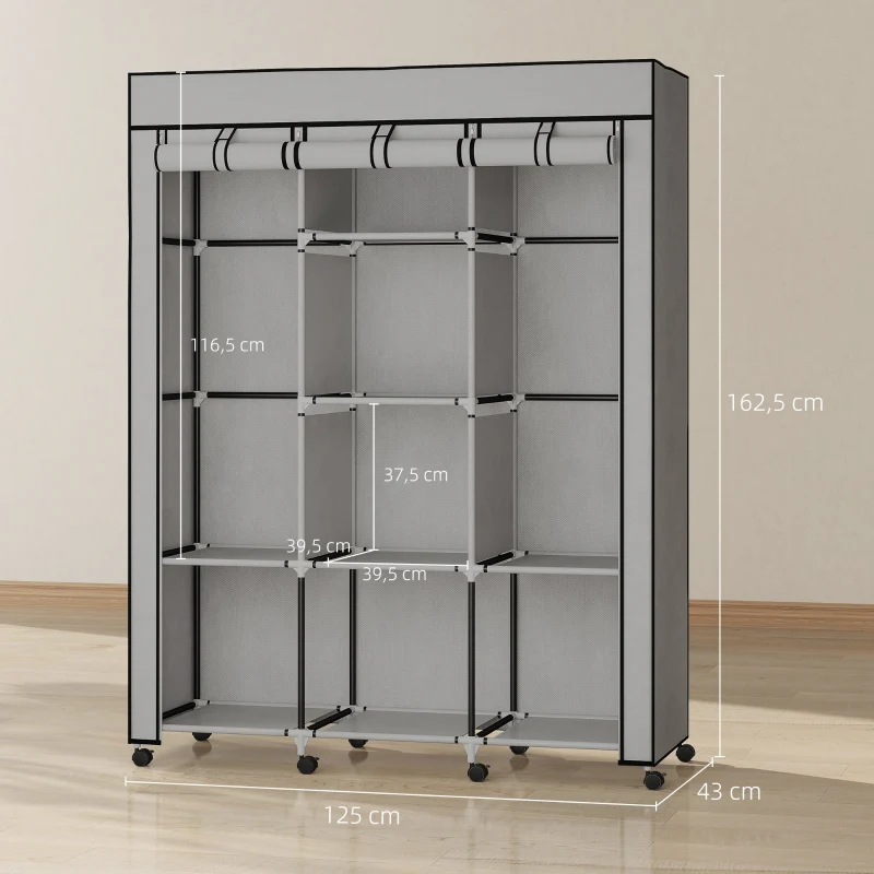 Fabric Wardrobe 8 Shelves 2 Clothes Rails - Grey - Image 3