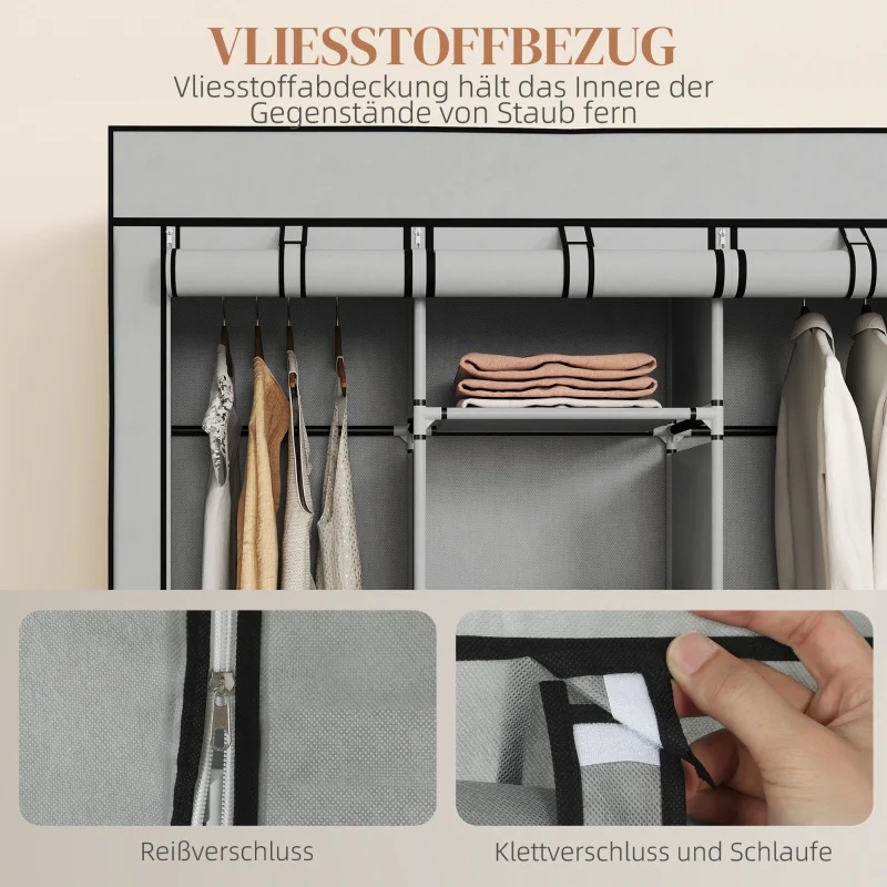 Fabric Wardrobe 8 Shelves 2 Clothes Rails - Grey - Image 5