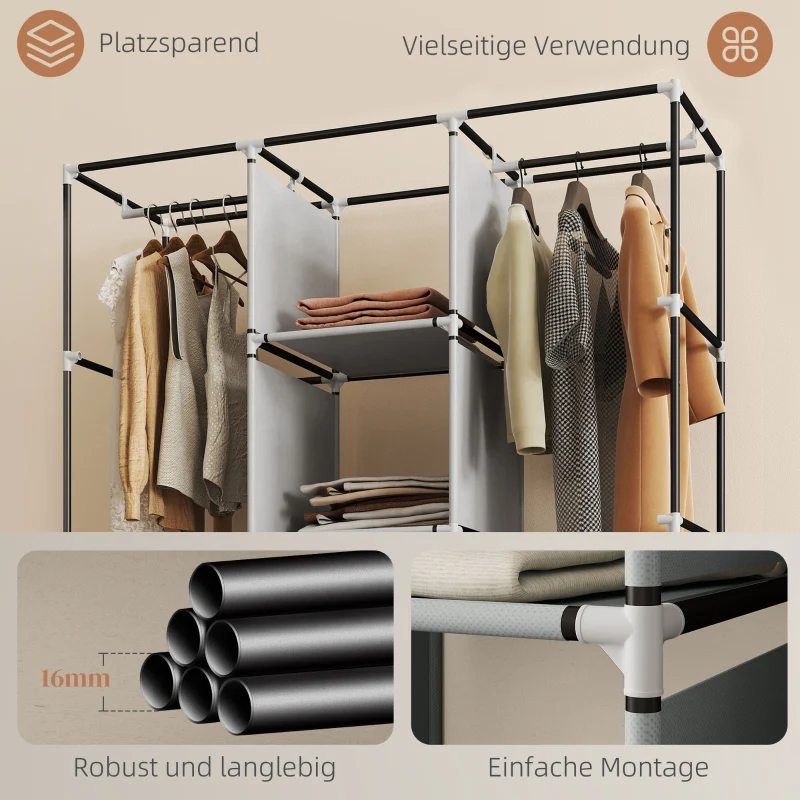 Fabric Wardrobe 8 Shelves 2 Clothes Rails - Grey - Image 6