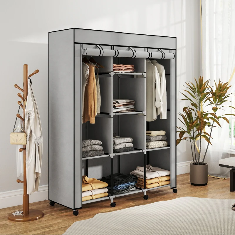 Fabric Wardrobe 8 Shelves 2 Clothes Rails - Grey - Image 7