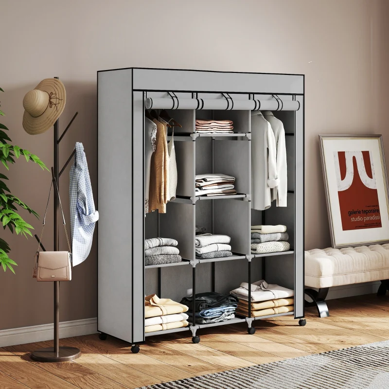 Fabric Wardrobe 8 Shelves 2 Clothes Rails - Grey - Image 8