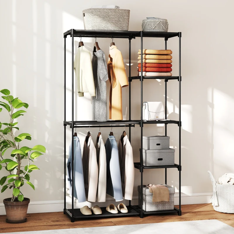 Fabric Wardrobe with Clothes Rail & Shelves 111x43x185 cm - Black - Image 2