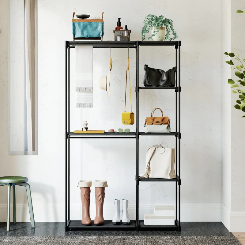 Fabric Wardrobe with Clothes Rail & Shelves 111x43x185 cm - Black - Image 7