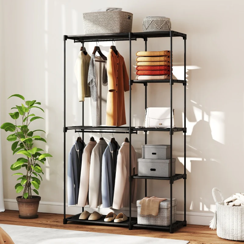 Fabric Wardrobe with Clothes Rail & Shelves 111x43x185 cm - Black - Image 8