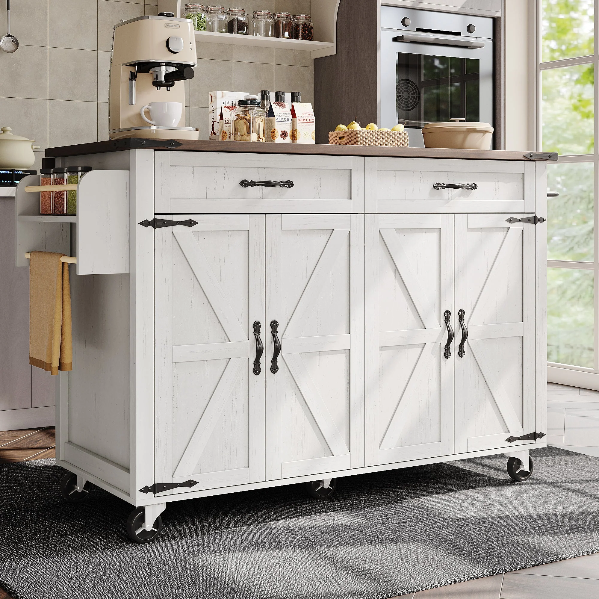 Farmhouse Style Rolling Kitchen Island Storage Trolley with Large Cabinet, 2 Drawers, Adjustable Shelf, Spice & Towel Rack, White - Image 2
