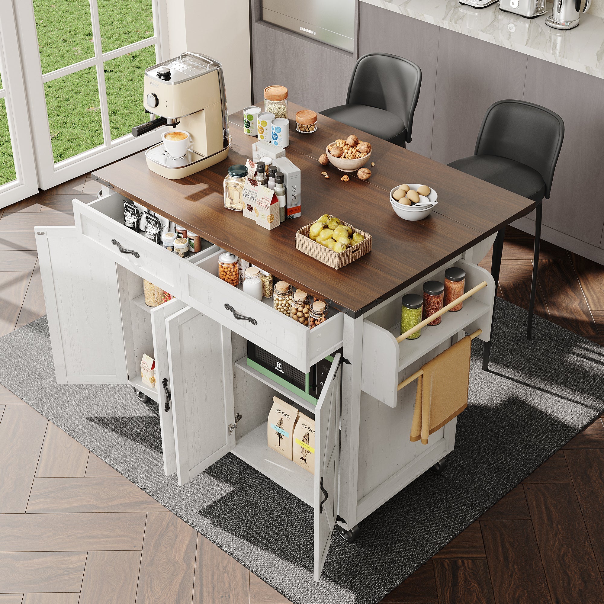 Farmhouse Style Rolling Kitchen Island Storage Trolley with Large Cabinet, 2 Drawers, Adjustable Shelf, Spice & Towel Rack, White - Image 3