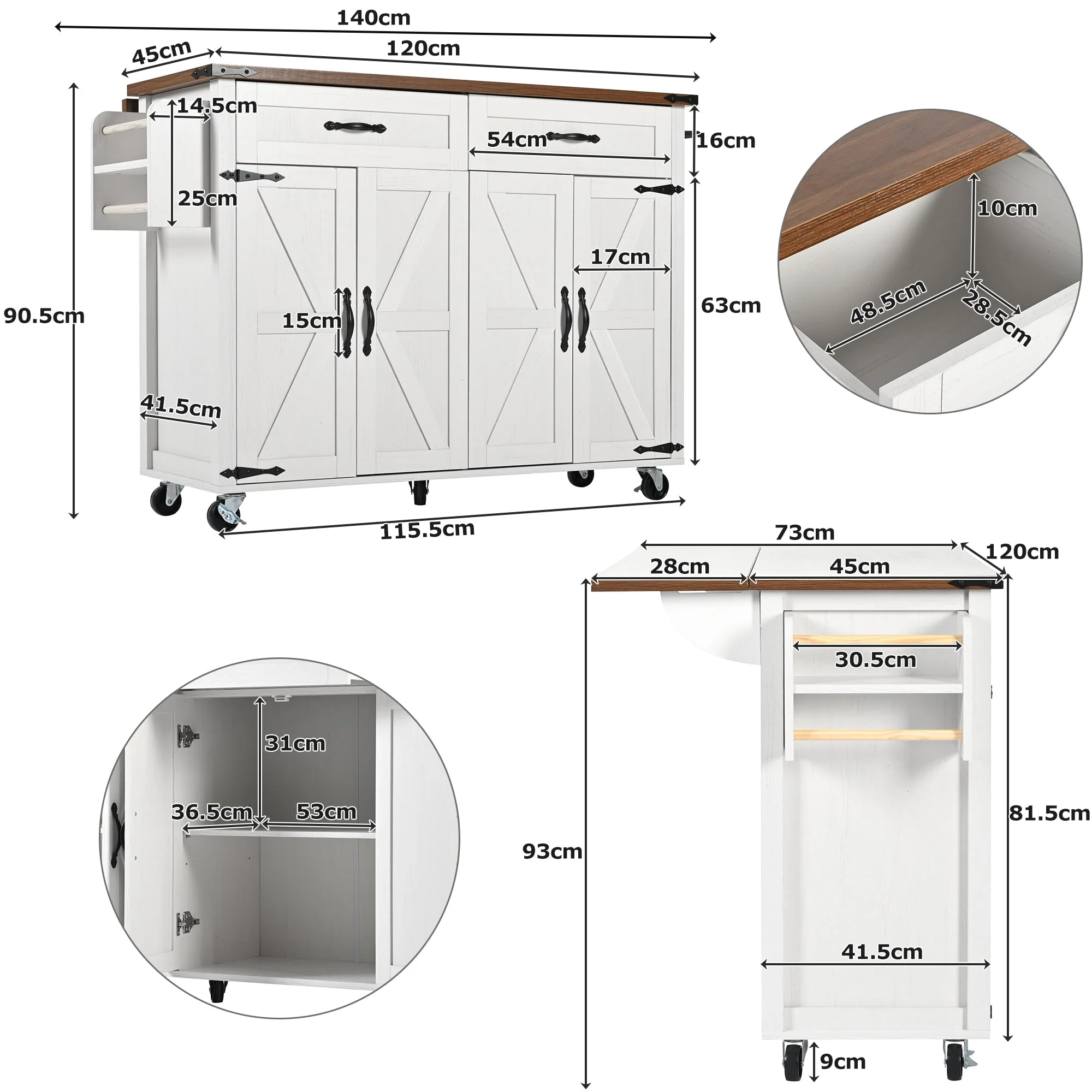 Farmhouse Style Rolling Kitchen Island Storage Trolley with Large Cabinet, 2 Drawers, Adjustable Shelf, Spice & Towel Rack, White - Image 4