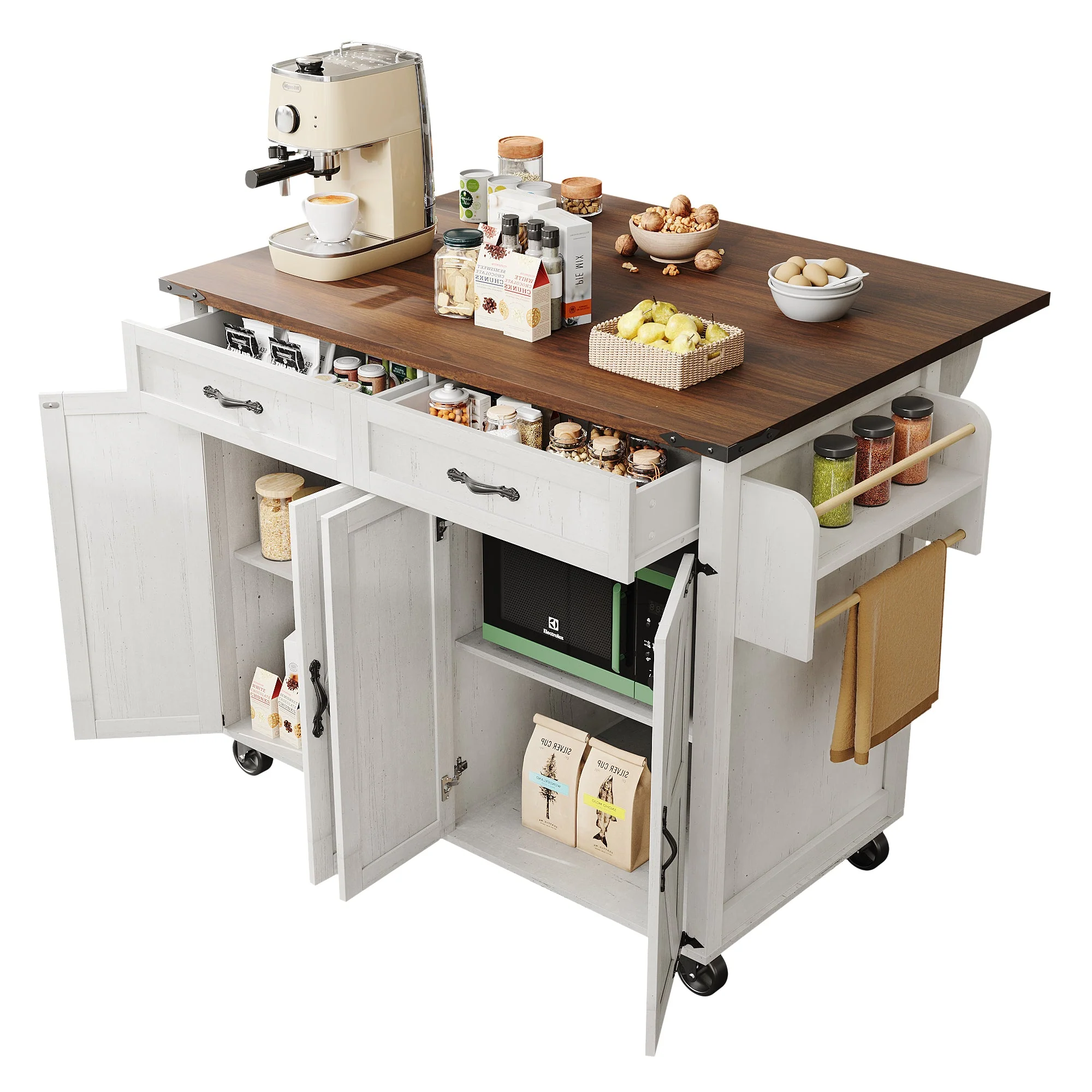 Farmhouse Style Rolling Kitchen Island Storage Trolley with Large Cabinet, 2 Drawers, Adjustable Shelf, Spice & Towel Rack, White - Image 5