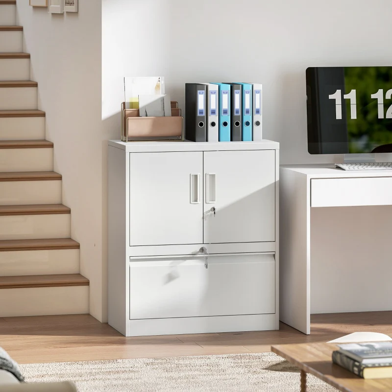 Filing Cabinet Lockable 2 Doors Adjustable Shelves Steel - White - Image 2