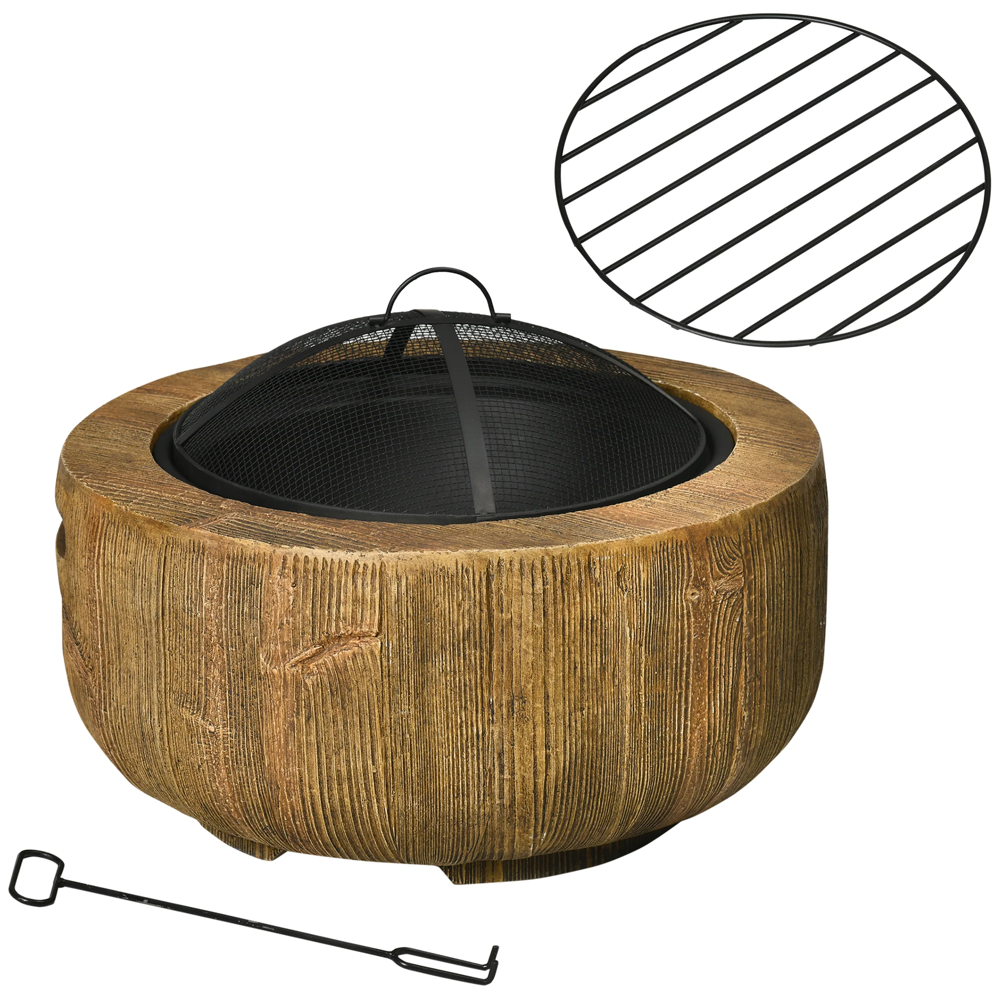 Fire Bowl Fire Pit, Lid & Poker, Tree Stump Design, Steel MgO Brown - Image 2