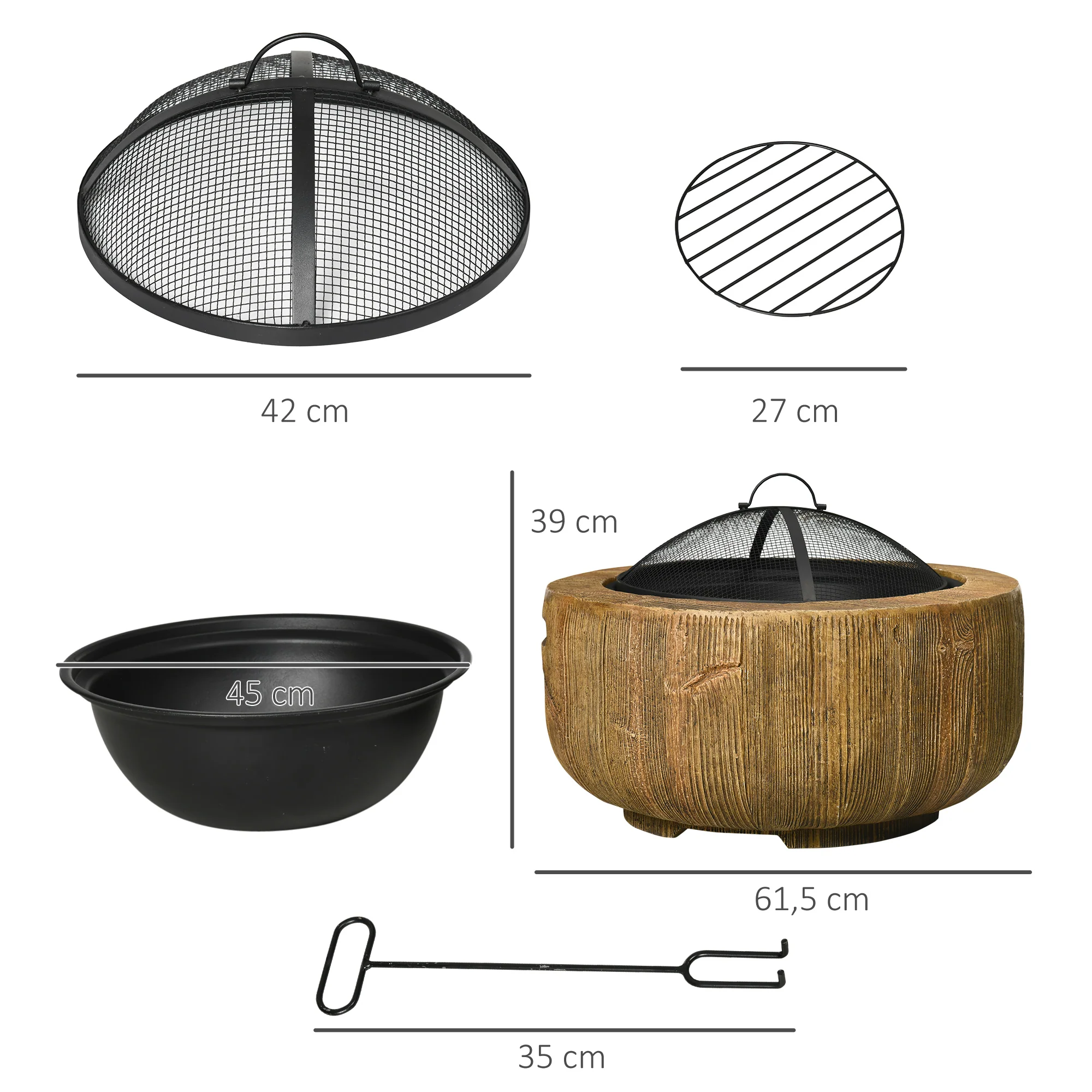Fire Bowl Fire Pit, Lid & Poker, Tree Stump Design, Steel MgO Brown - Image 3