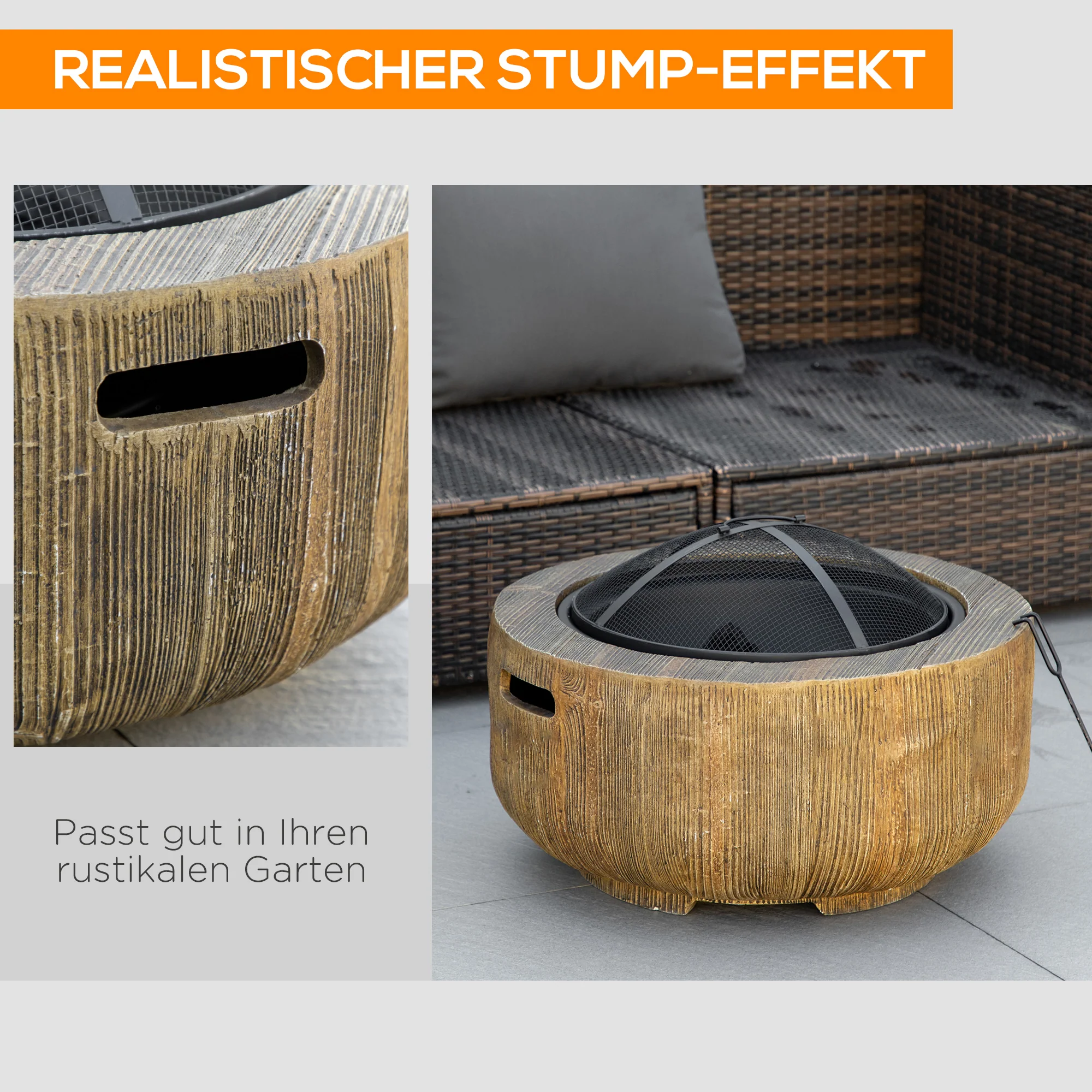 Fire Bowl Fire Pit, Lid & Poker, Tree Stump Design, Steel MgO Brown - Image 4